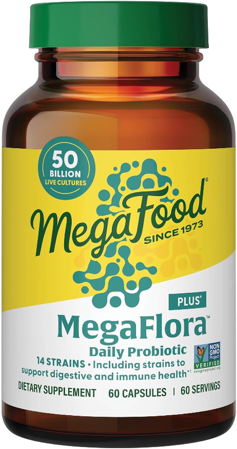 MegaFood MegaFlora Probiotic Plus, 50 Billion Live Cultures, 60 Capsules | Daily Probiotics for Women and Men, Supports Digestive Health, Immune Support Supplement, 14 Strains, Vegetarian, 60 Servings