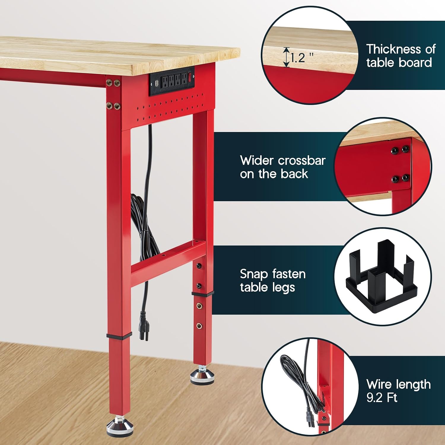 Albott 44 x 20-Inch Adjustable Workbench | 2000 Lbs Capacity, Solid Rubber Wood Top, Power Outlets and Hooks, for Garage, Workshop and Home Office, Black