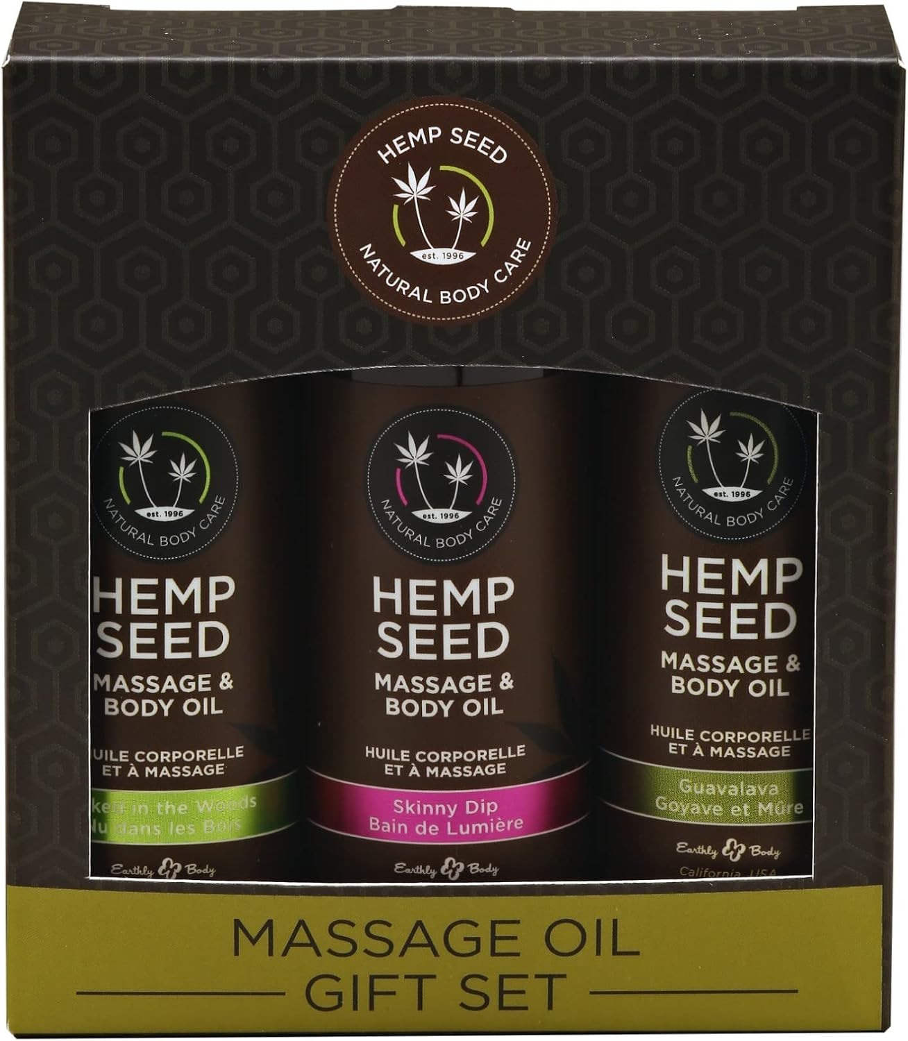 Hemp Seed Massage & Body Oil Gift Set - 2 oz Naked in the Woods, Skinny Dip & Guavalava Scents - with Hemp Seed, Apricot