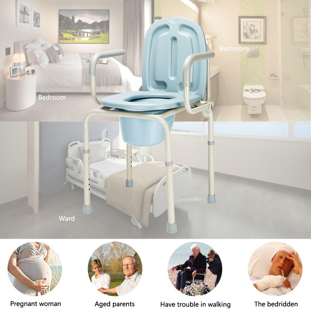mefeir 450 LBS Drop Arm Bedside Commode Chair, Adjustable Height Toilet Seat with Safety Steel Frame & 8 Quart Pail