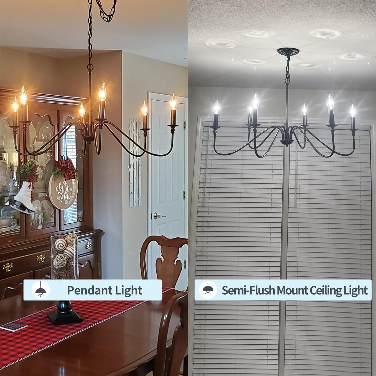 Miluolan Black Chandelier, 6-Light Farmhouse Chandelier for Dining Room | Rustic iron candelabra with adjustable 47.24" chain. Fits sloped ceilings