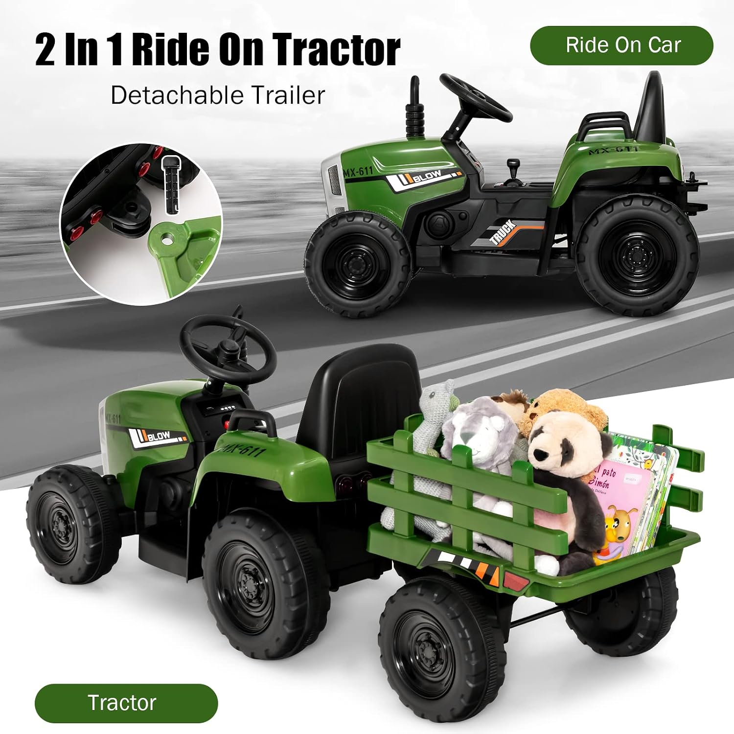 Costzon Ride on Tractor with Detachable Trailer, Kids' Electric Vehicles w/3-Gear-Shift Ground Loader, Wireless Design & USB, 7 LED Headlights