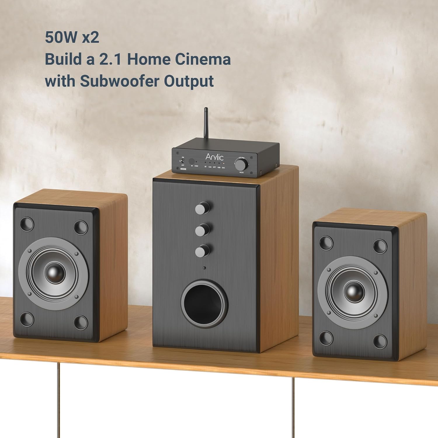 Arylic B50SE Bluetooth 5.1 Stereo Receiver 2.1 Channels Mini Class D Integrated Home Speaker Amplifier 50W x 2, Stable and Remote