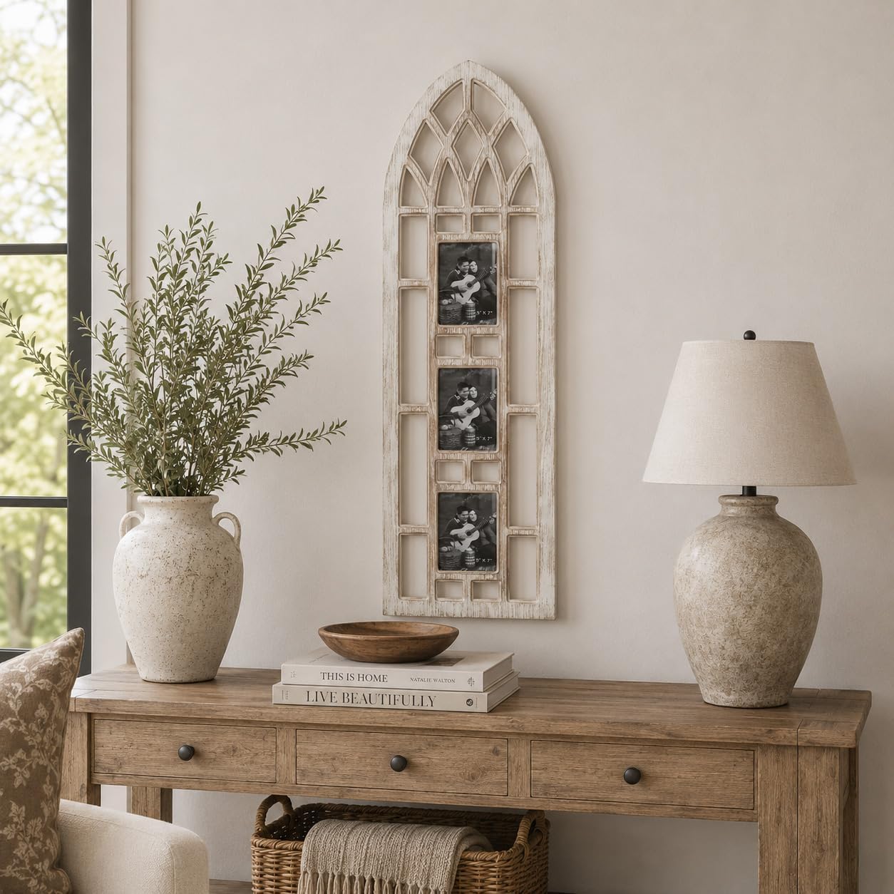 Deco 79 Wooden Wall Photo Frame Slim Arched Window Inspired 3 Slot , 14" x 1" x 47", Light Brown