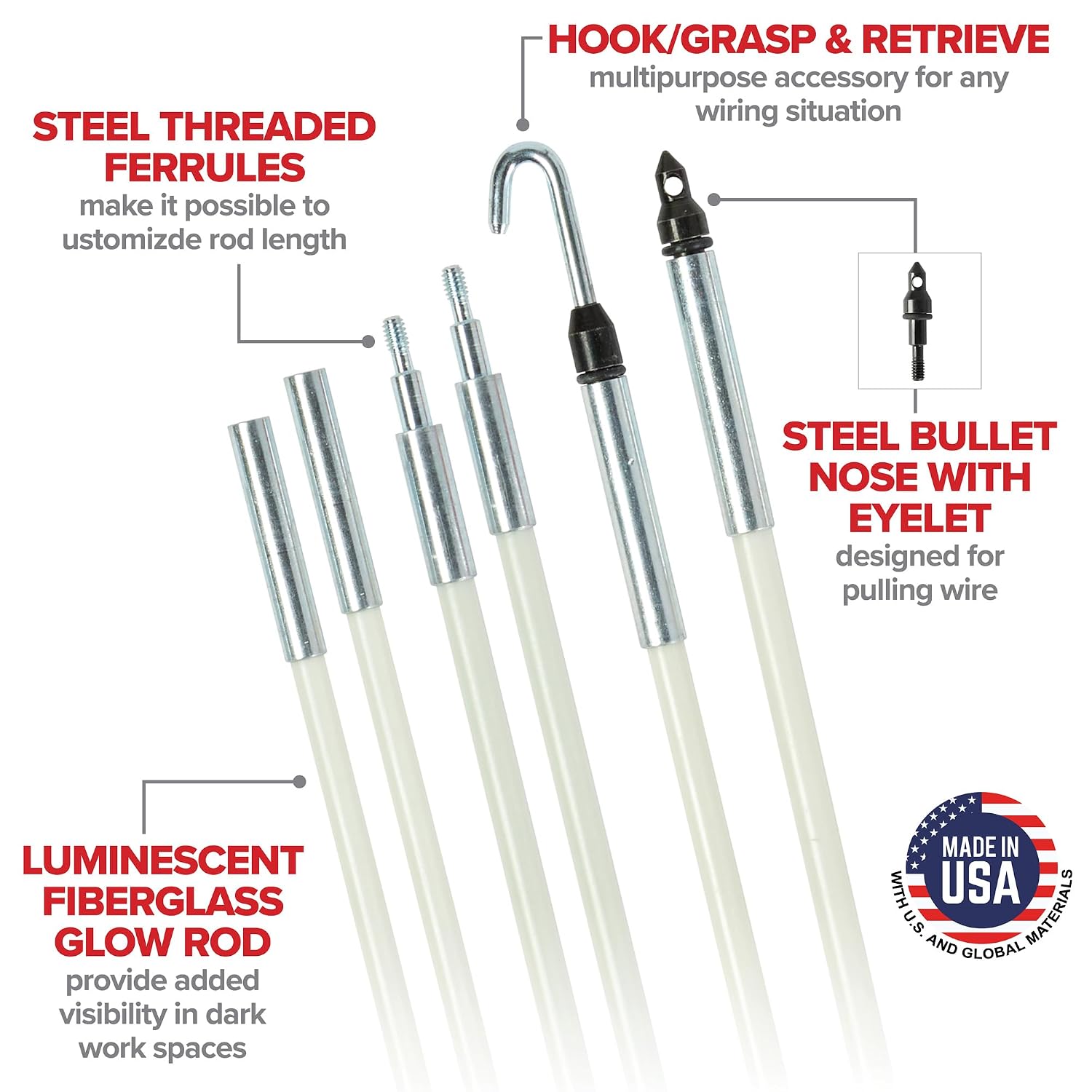 Jameson 18 ft Glow Fish Rod Kit - Non-Conductive Fiberglass Glow Rods for Running Wire in Ceilings, Attics, Floors