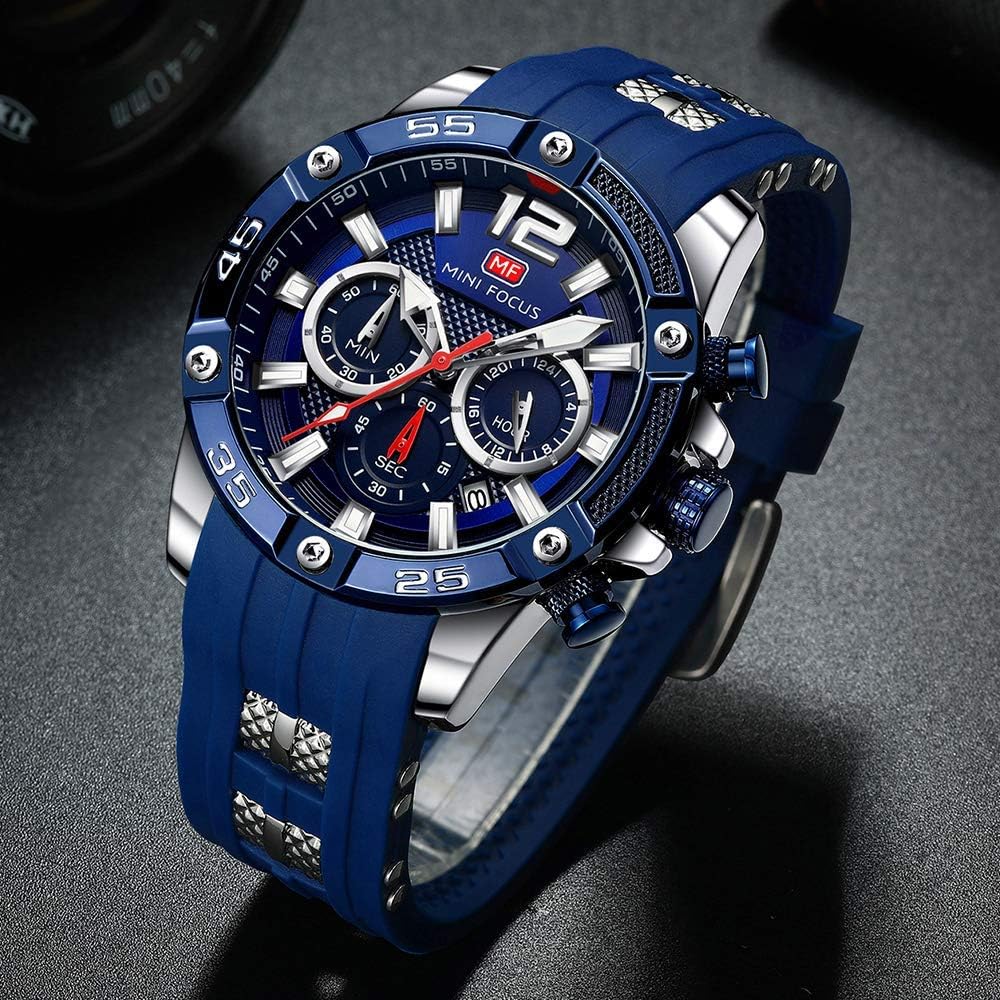 MF MINI FOCUS Men Watch, Chronograph Waterproof Sport Analog Quartz Watches Blue Silicon Strap Fashion Wristwatch for Men