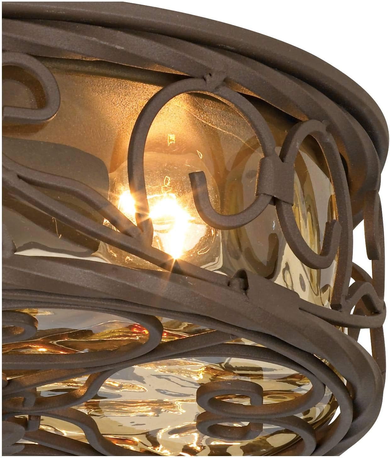 Casa Seville 12" Walnut Rustic Indoor-Outdoor Ceiling Light Fixture | Flush-Mount Dark Scroll Water Glass Damp Rated for Exterior House Porch Patio Outside Deck Garage Front Door Home