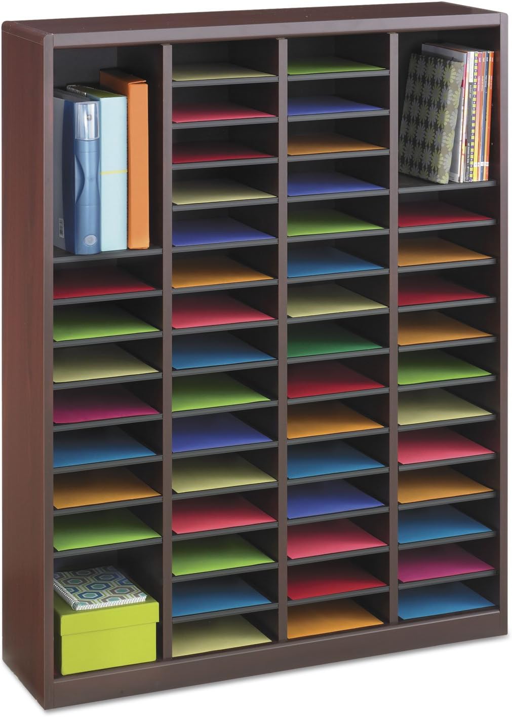 Safco Products E-Z Stor Wood Literature Organizer, 60 Compartment, 9331MH, Mahogany, Durable Construction, Removable Shelves, Plastic Label Holders