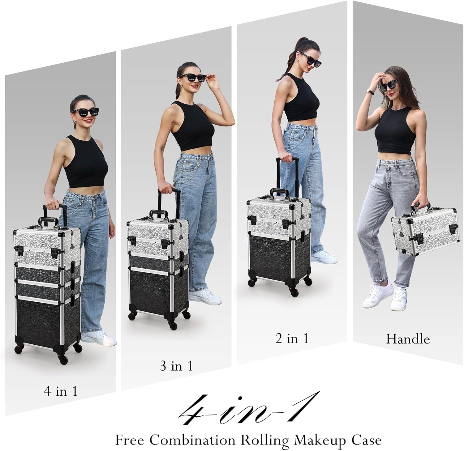 Stagiant Rolling Makeup Case Cosmetology Case on Wheels 4 in 1 Large Cosmetic Organizer Train Case Makeup Travel Case with Key Swivel Wheels Nail