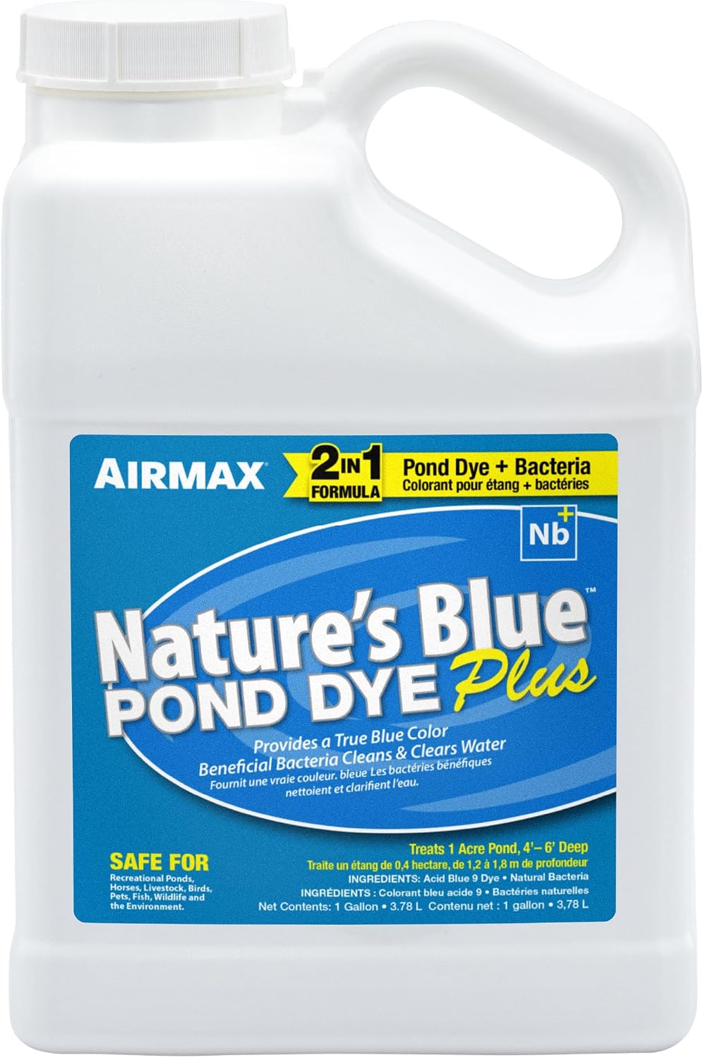 Airmax Pond Dye Plus, Nature's Blue Pond & Lake Water Colorant, 1 Gallon | Natural beneficial bacteria clarifier shades plants and algae from sunlight; fish and livestock safe