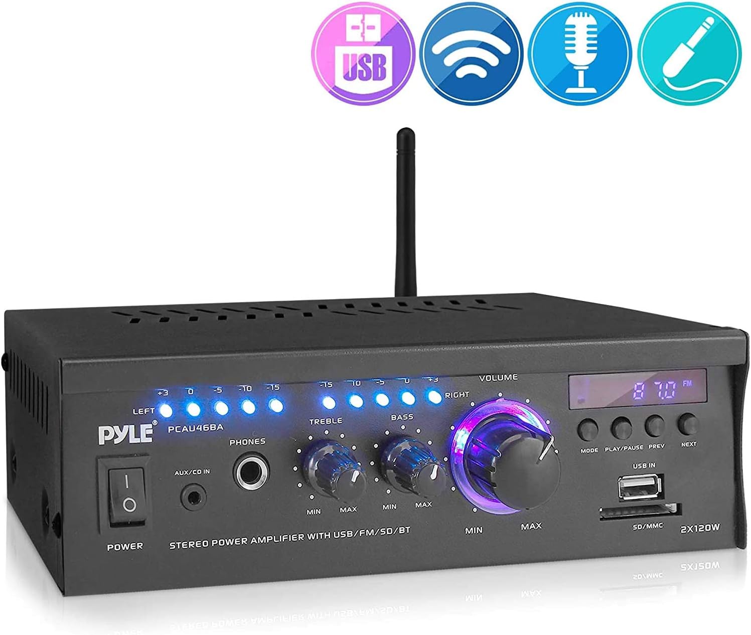 Pyle Home Power Amplifier with Bluetooth Wireless - 2 x 120 Watt Stereo Receiver w/ Blue LED Level Meter, FM Radio, USB-A Input w/ MP3 Player