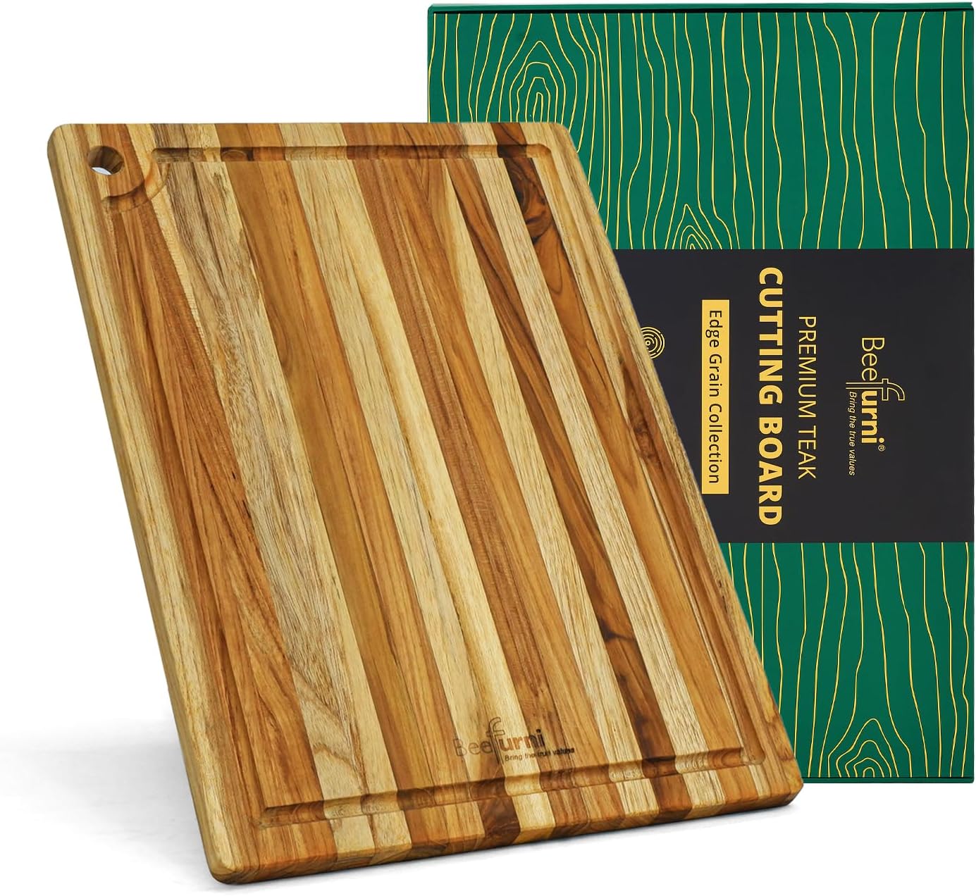 BEEFURNI Teak Wood Cutting Board with Hand Grip (20x15x1.25", M)