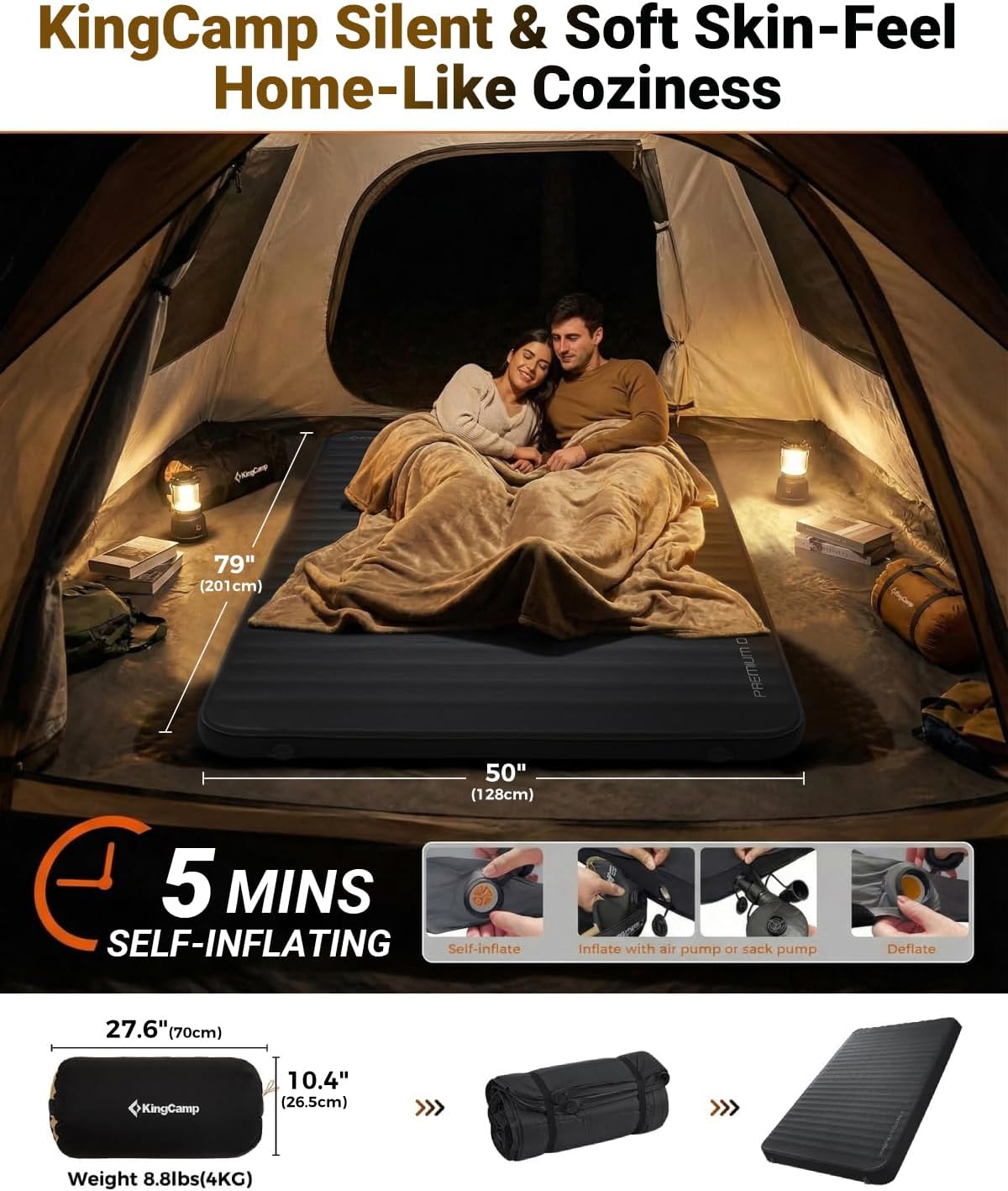 KingCamp Premium Double Camping Mattress, 7.5 R-Value, 2 Person Black
