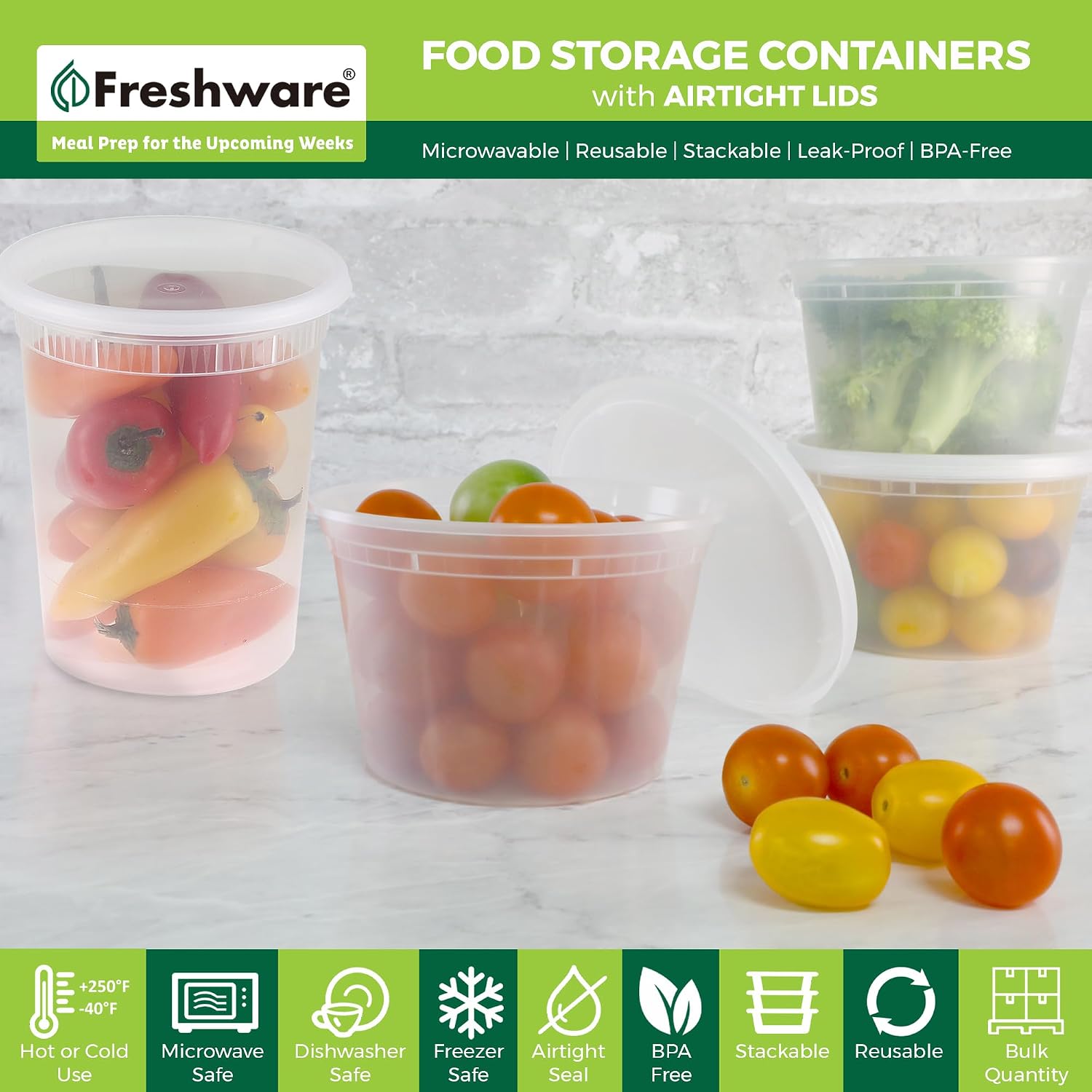 Freshware Food Storage Containers [24 Set] 32 oz Plastic Deli Containers with Lids, Slime, Soup, Meal Prep Containers | BPA Free | Stackable | Leakproof | Microwave/Dishwasher/Freezer Safe