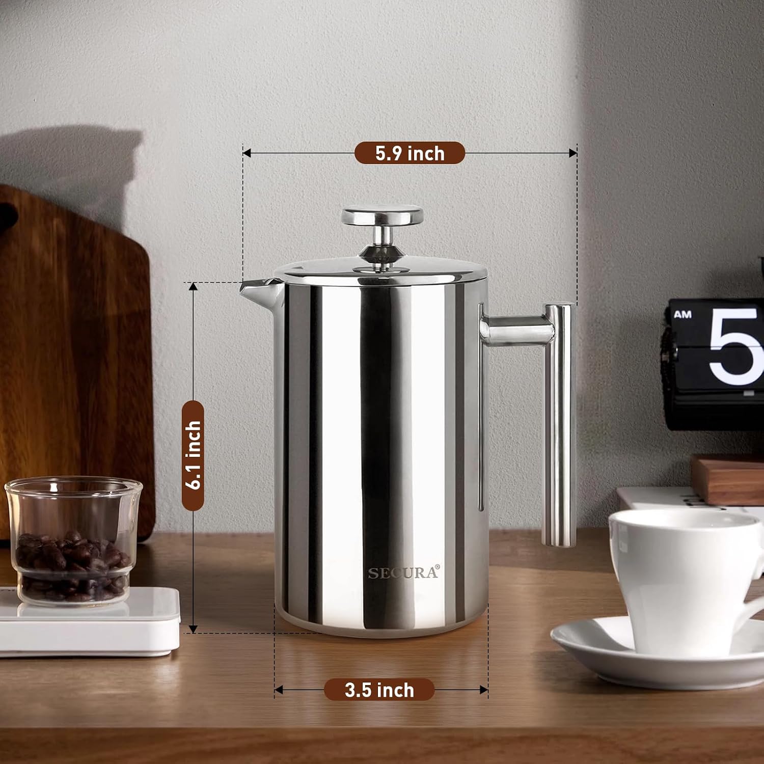 Secura French Press Coffee Maker, 304 Grade Stainless Steel Insulated Coffee Press with 2 Extra Screens, 34oz (1 Litre), Silver