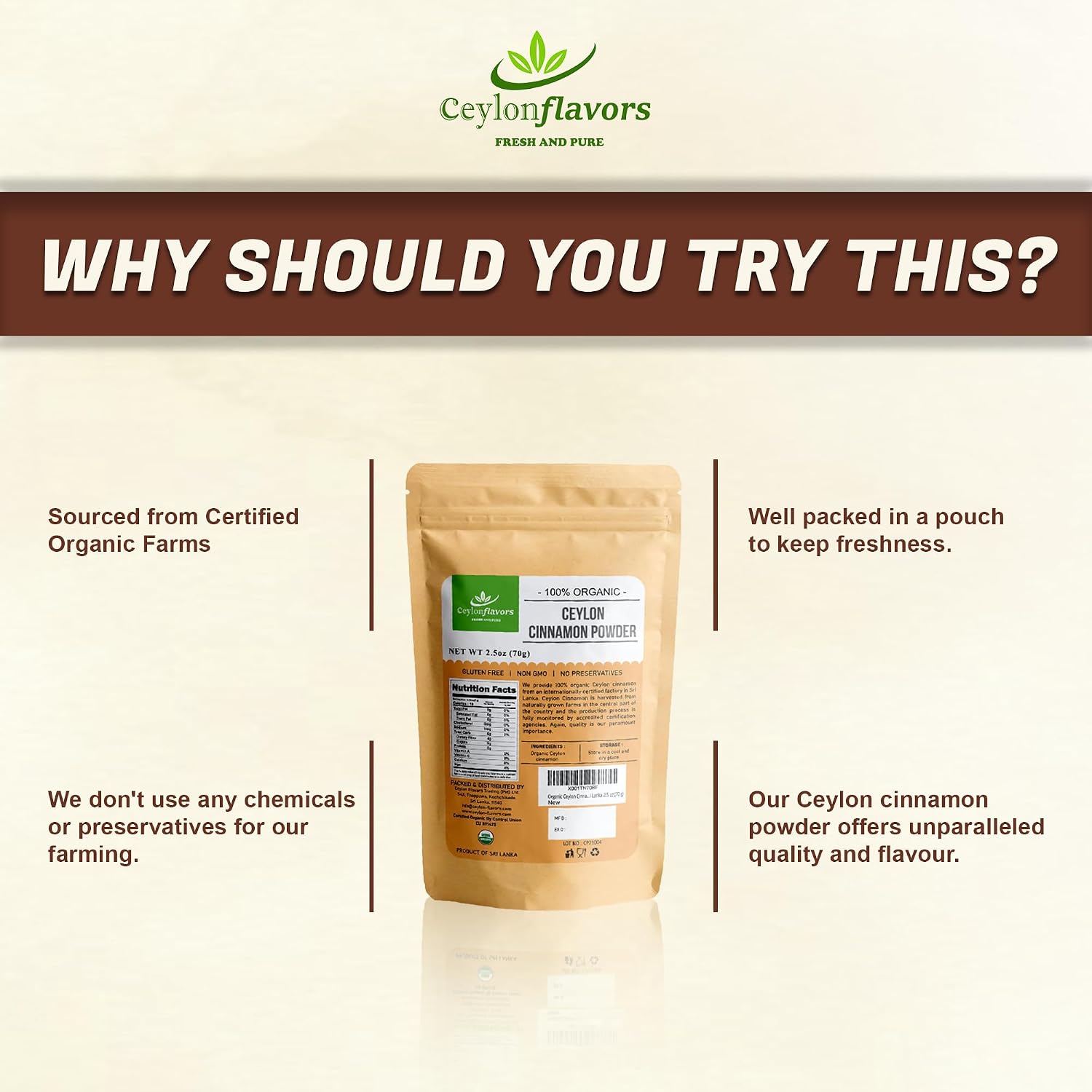 Ceylon Flavors Fresh and Pure USDA Certified Organic Ceylon Cinnamon Powder Premium Grade 2.5oz (70g)