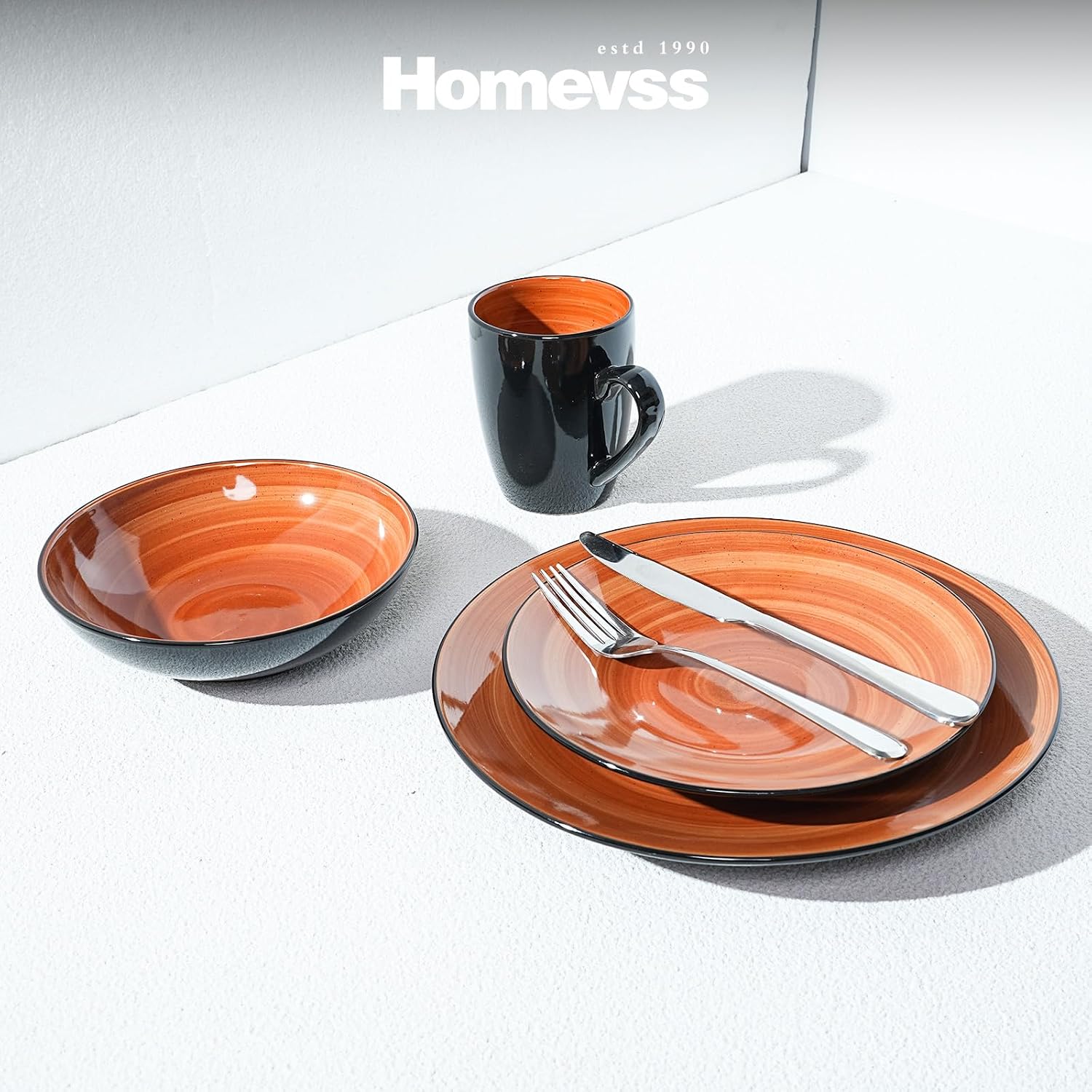 HomeVss, Sonoma Stoneware Dinnerware Set, Outside Black + Inside Hand Painting Color (16pc Set, Grey)