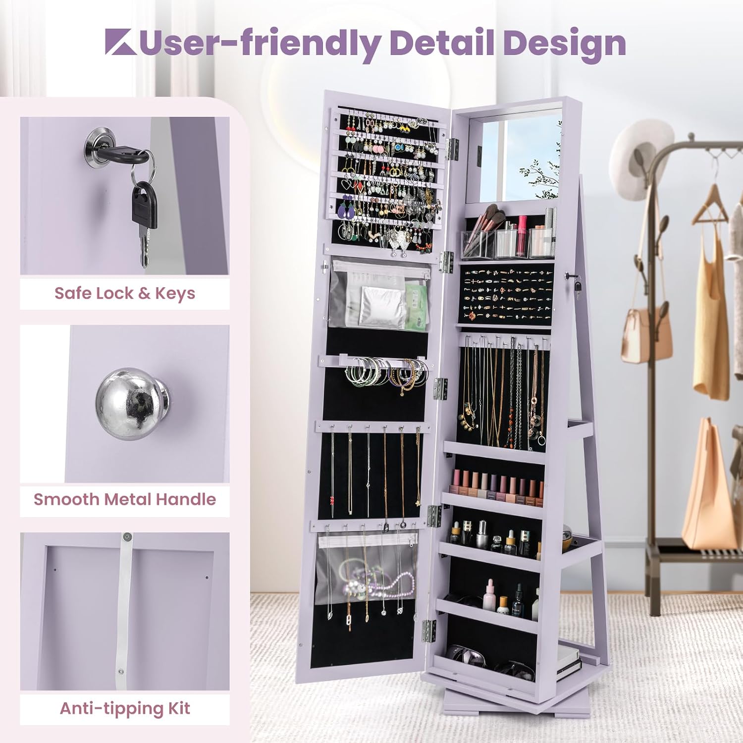 CHARMAID 360° Swivel Jewelry Armoire with Higher Full Length Mirror, Standing Lockable Jewelry Cabinet Organizer with Large Storage Capacity