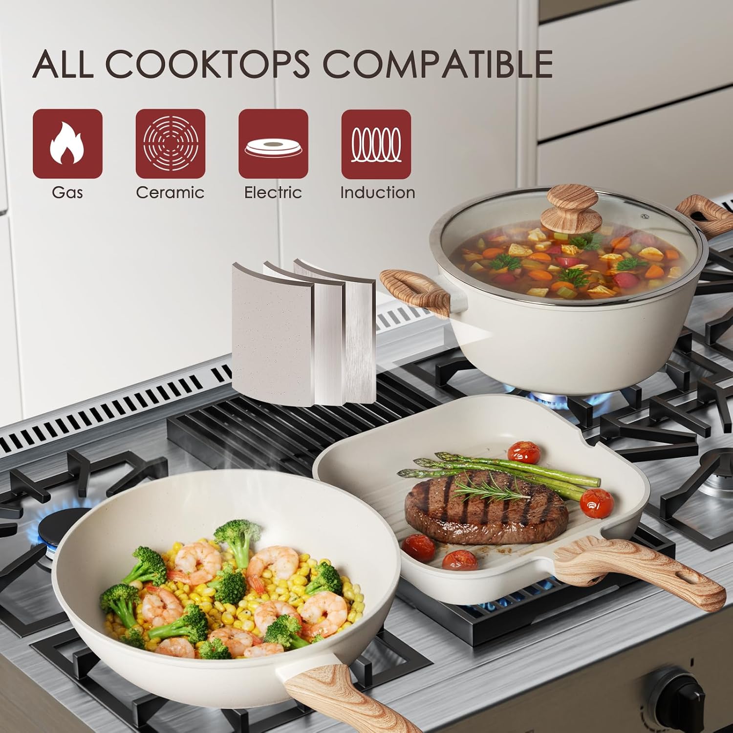 Kikcoin Pots and Pans Set Non Stick 31 Piece Kitchen Nonstick Cooking Cookware Sets with Grill Pan Saucepan Baking Sheet Utensil, Black