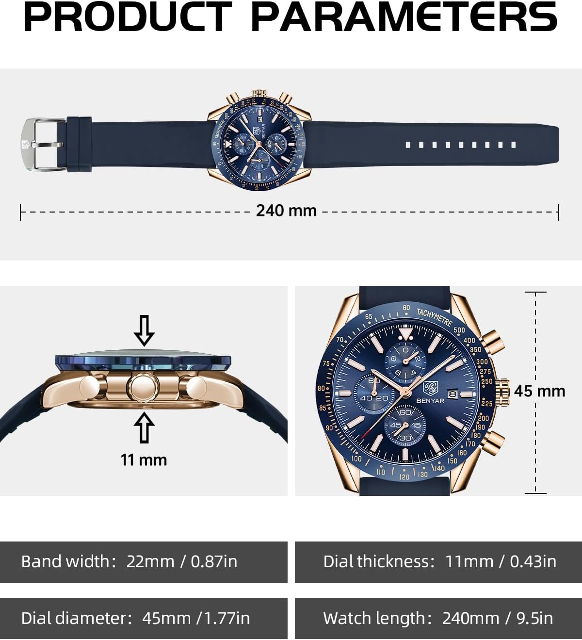 BENYAR Watch for Men Analog Quartz Chronograph Waterproof Luminous Designer Mens Wrist Watches Business Work Sport Casual Dress Watch with Silicone Strap Elegant Gifts for Men