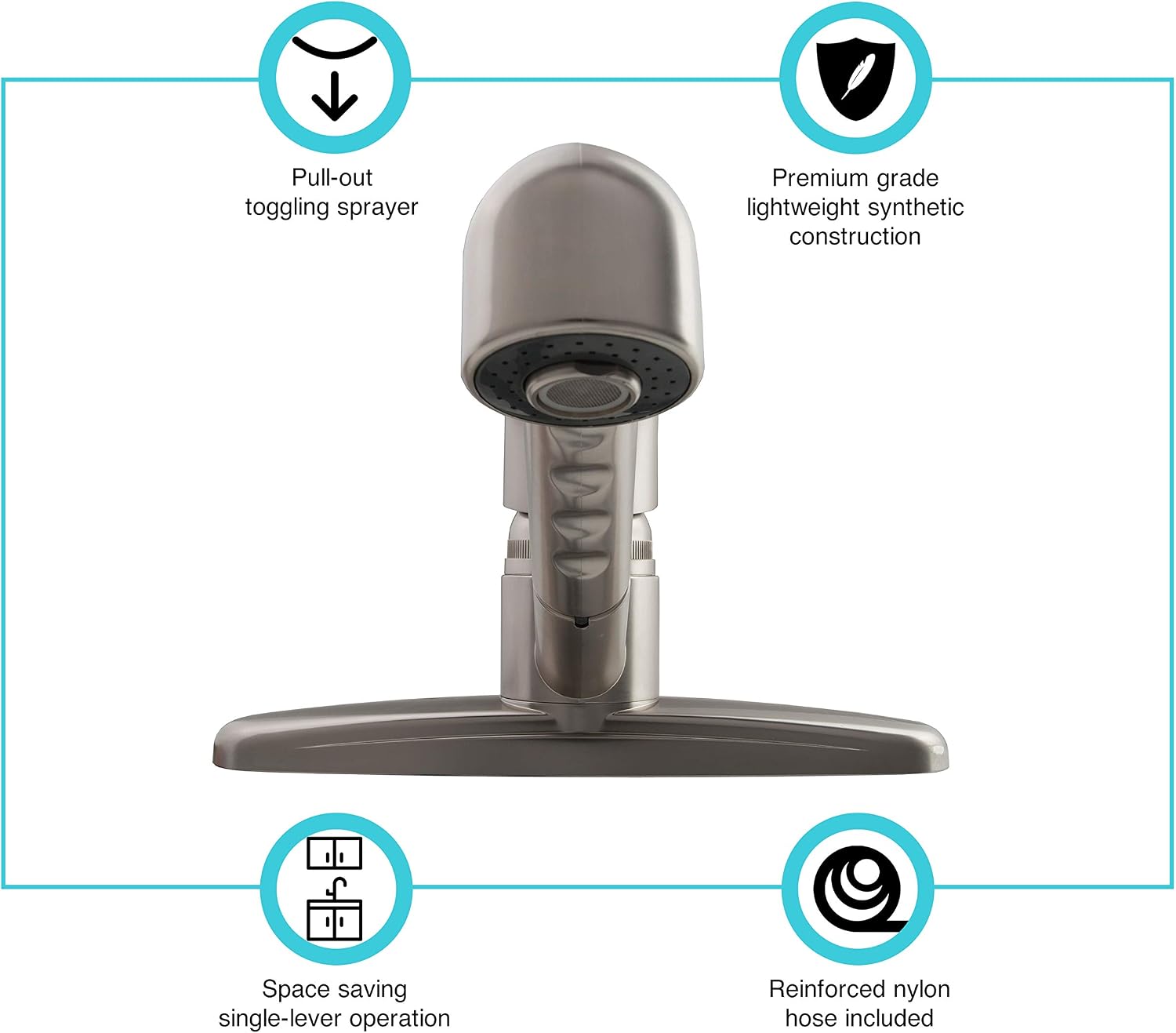 Dura Faucet DF-PK100-SN RV Pull-Out Kitchen Sink Faucet (Satin Nickel) | Corrosion-resistant single-lever build with sprayer. Brushed Satin Nickel. Plated ABS plastic (not metal).