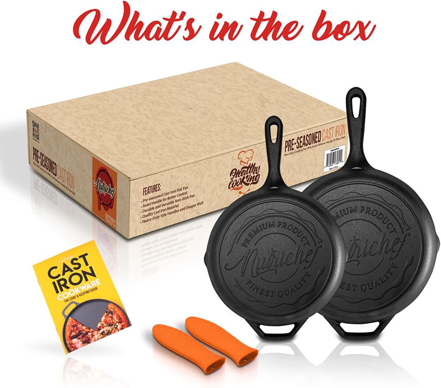 NutriChef 10 Inch Cast Iron Skillet with Lid - Pre-Seasoned Small Fry Pan with Side Drip Spout and Silicone Handle