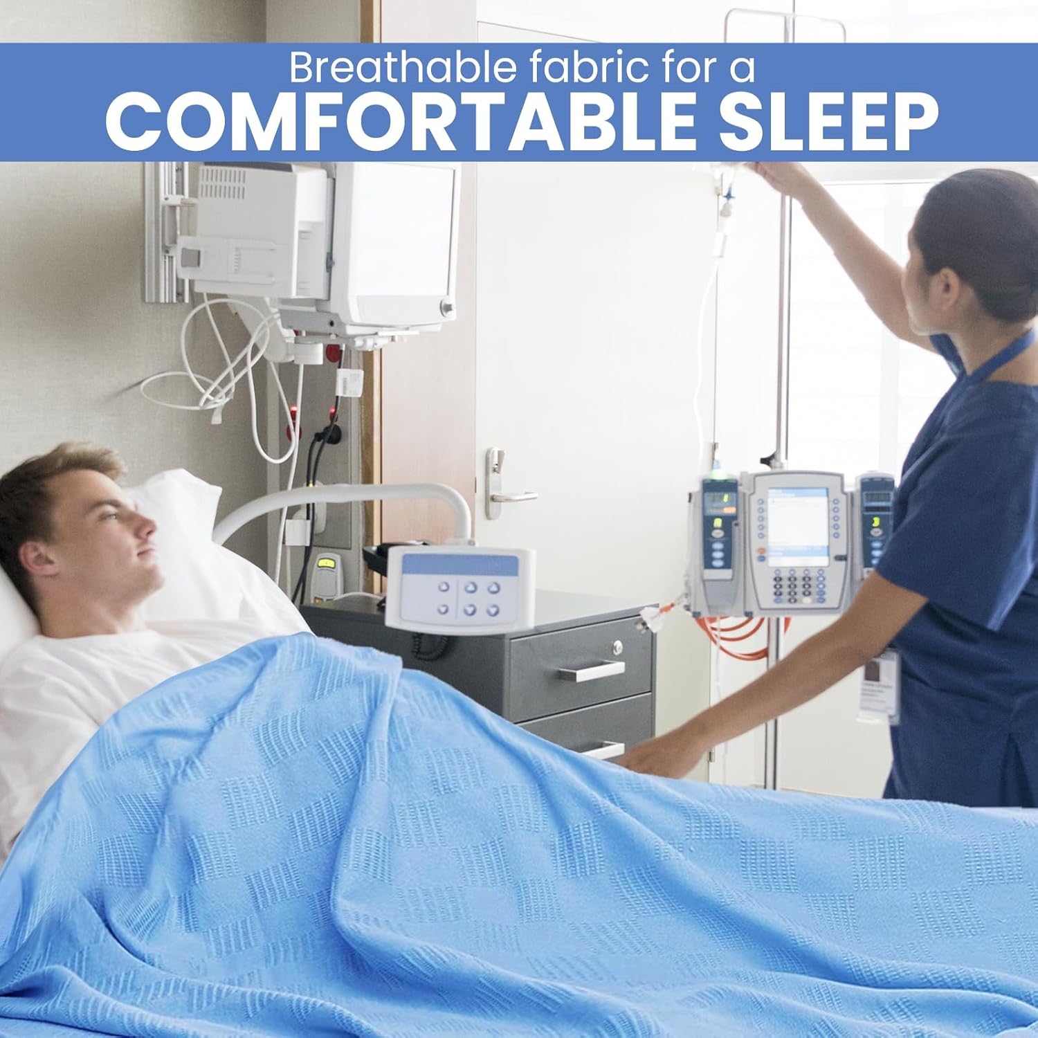 Linteum Textile Hospital Thermal SNAGLESS Spread Blanket, 100% Cotton (74x100 in, Blue)