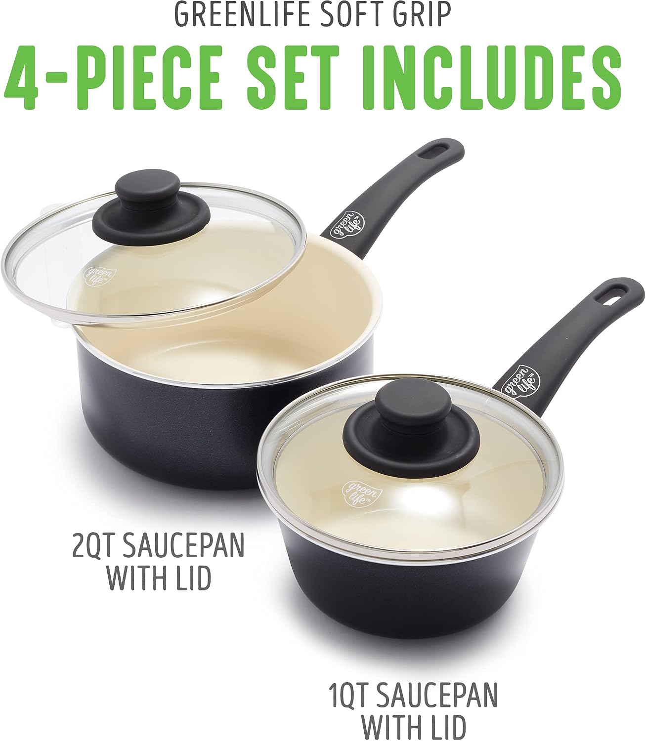 GreenLife Soft Grip 1QT and 2QT Saucepan Set, Healthy Ceramic Nonstick, Non Toxic PFAS & PFOA-Free, Dishwasher Safe, Glass Lids, Stay-Cool Handles, Easy Clean Cookware, Kitchen Essentials, Turquoise