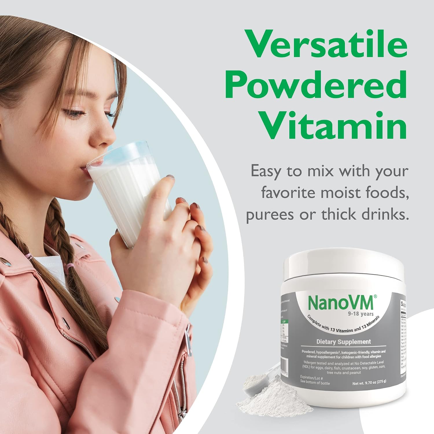 1-3 Years, Allergen-Free Multivitamin for Kids, Unflavored Dietary Supplement, Powdered Supplement with 14 Vitamins & 13 Minerals, Low-Carbohydrate Toddler Vitamins, 275g - Solace Nutrition