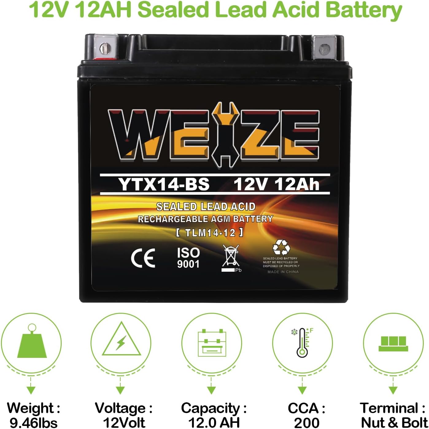 Weize YTX14 BS ATV Battery High Performance - Maintenance Free - Sealed AGM YTX14-BS Motorcycle Battery compatible with Honda Suzuki Kawasaki Yamaha scooter snowmobile