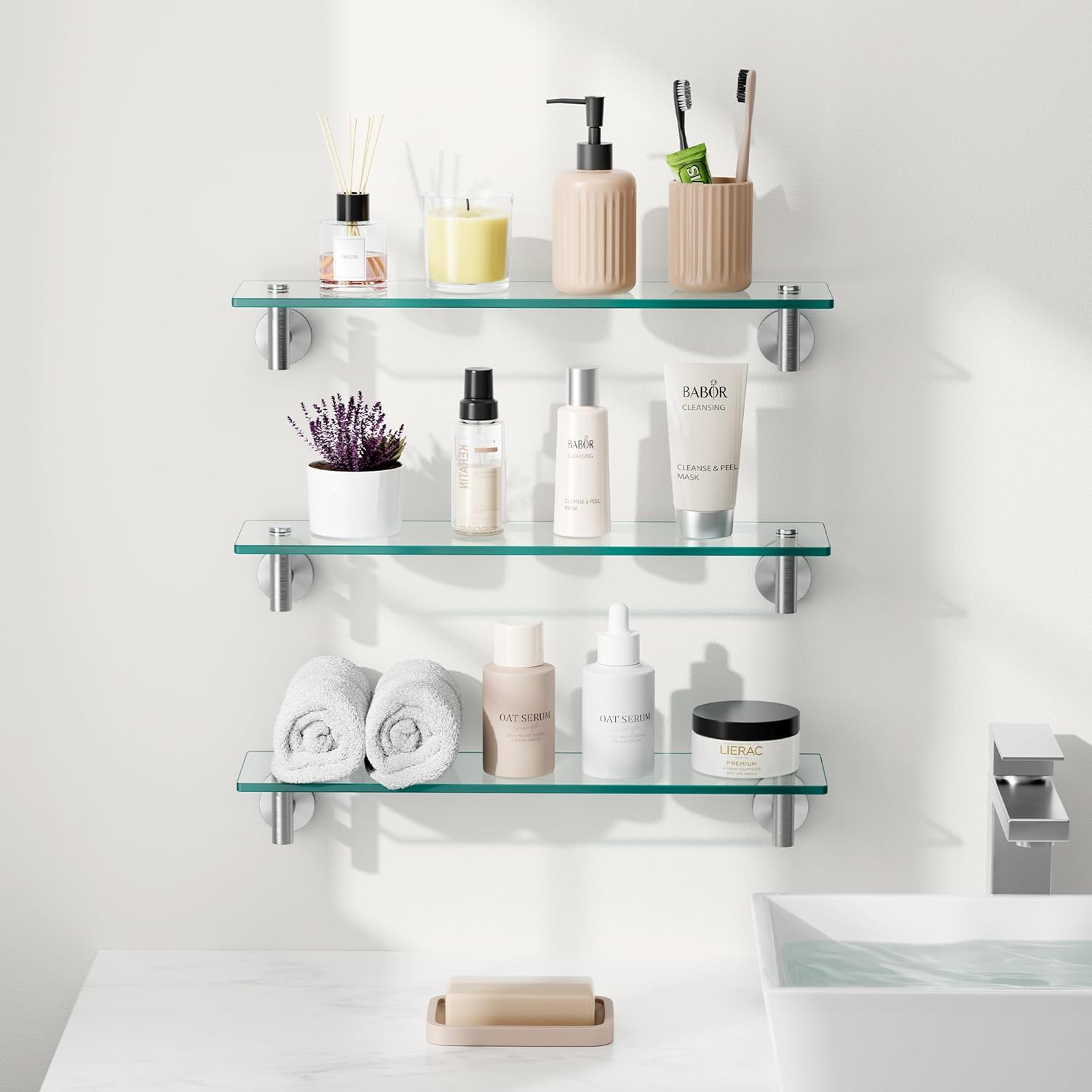 KES Glass Shelf for Bathroom, 20-Inch, 3 Pack, Brushed Finish
