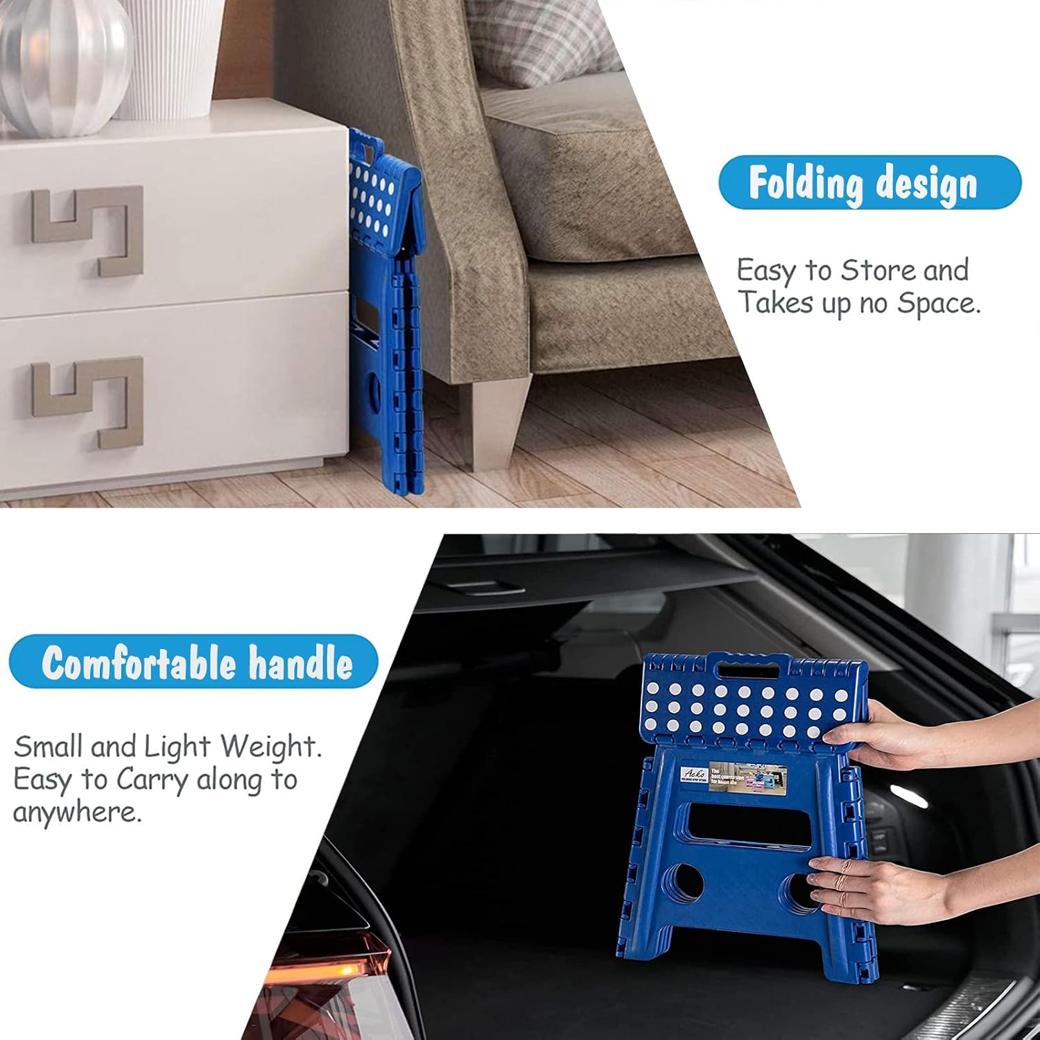 ACKO 13 Inch Folding Step Stool, Holds 300 lb for Adults and Kids, Black | Collapsible Heavy Duty Foldable Stools, Portable Non-Slip Foot Stepping stool, Kitchen Bathroom Bedroom Outdoor with Handle