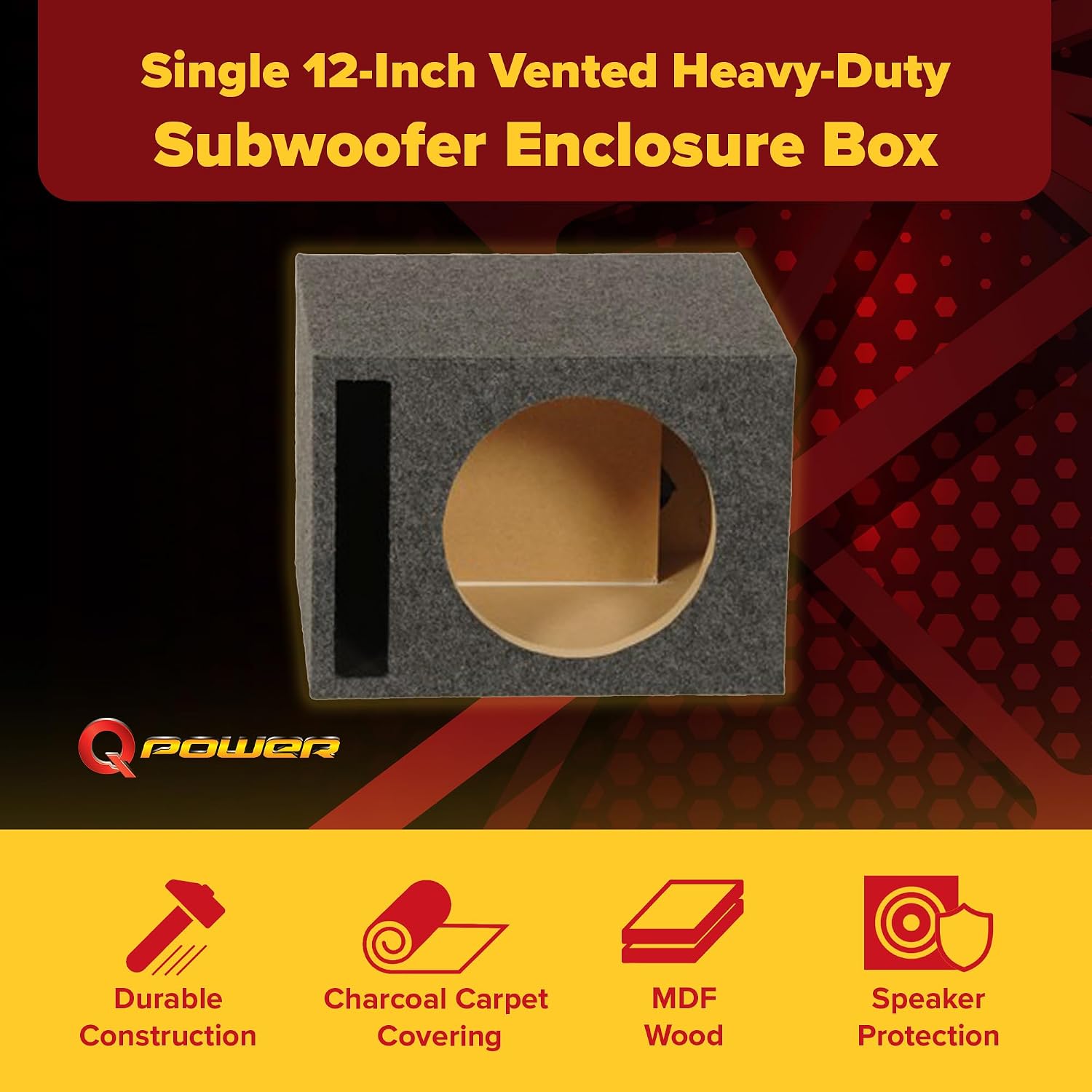 QPower HD112VL Single 12 Inch SPL XL Heavy Duty Side Ported Subwoofer Box Enclosure with Durable Carpet Covering for Car Audio Systems