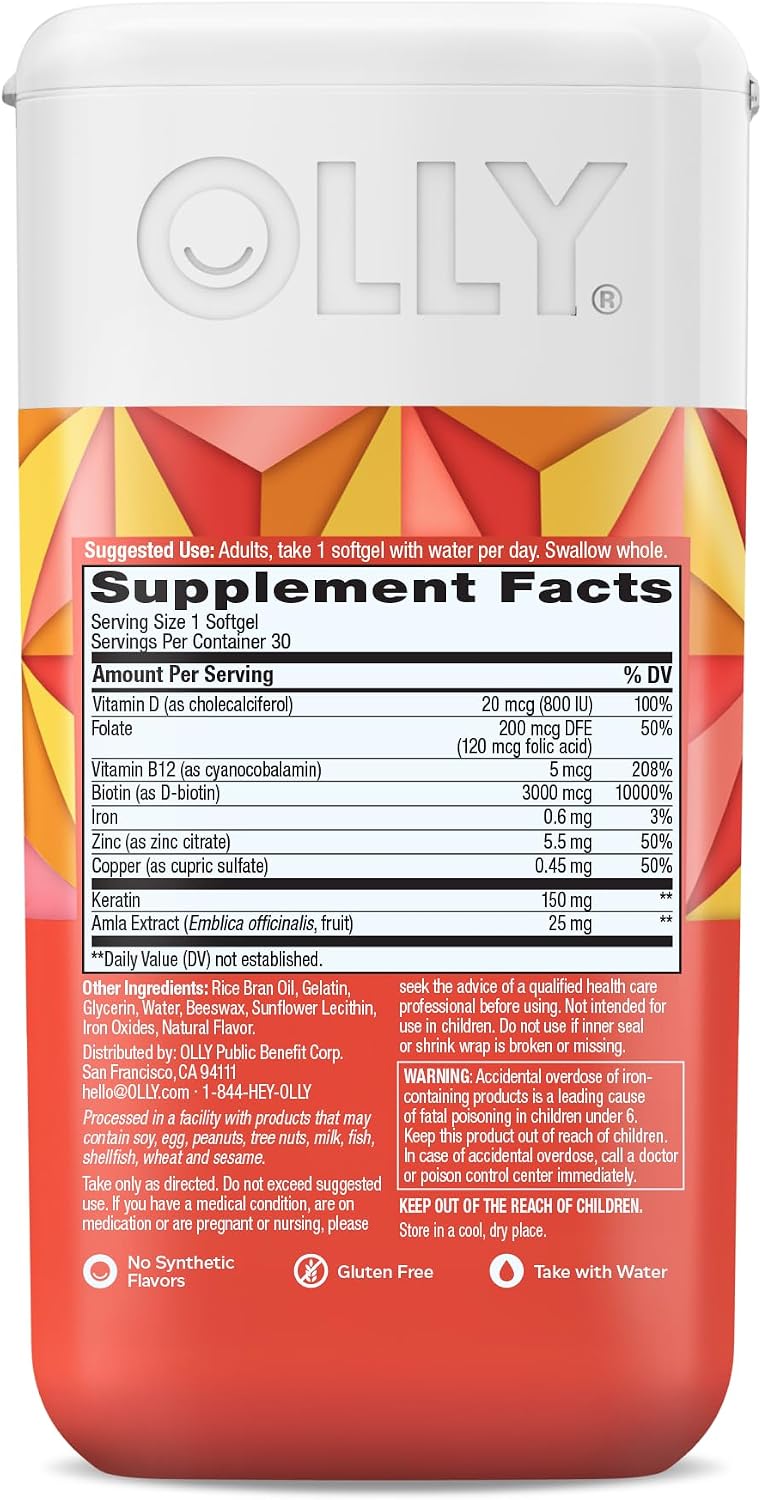 OLLY Ultra Strength Hair Softgels, Biotin, Keratin, Vitamin D, B12 - 30 Ct