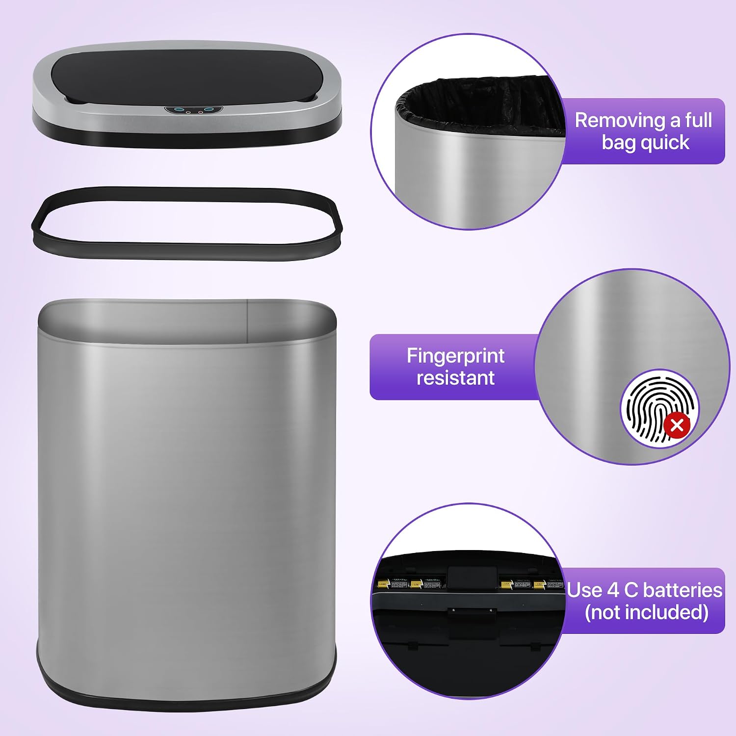 13 Gallon Touch-Free Automatic Stainless-Steel Trash Can Garbage Can Metal Trash Bin with Lid for Kitchen Living Room Office Bathroom, Electronic Motion Sensor Automatic Closure & Opening
