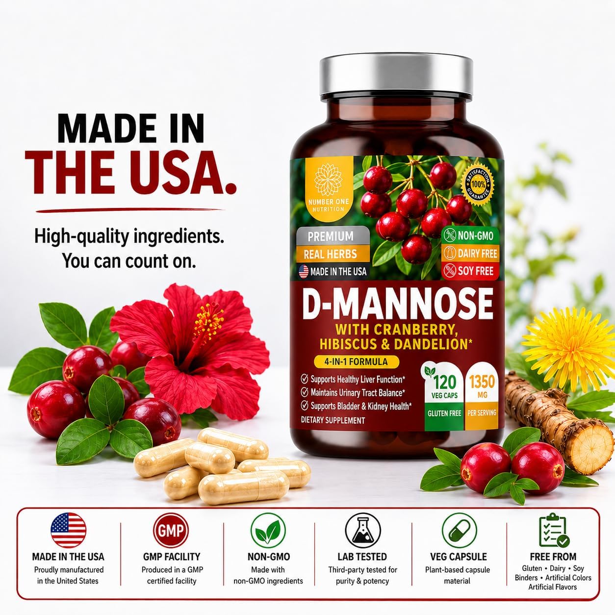Premium D Mannose Supplement for Women and Men [Max Strength, 1350MG] Natural D-Mannose with Cranberry