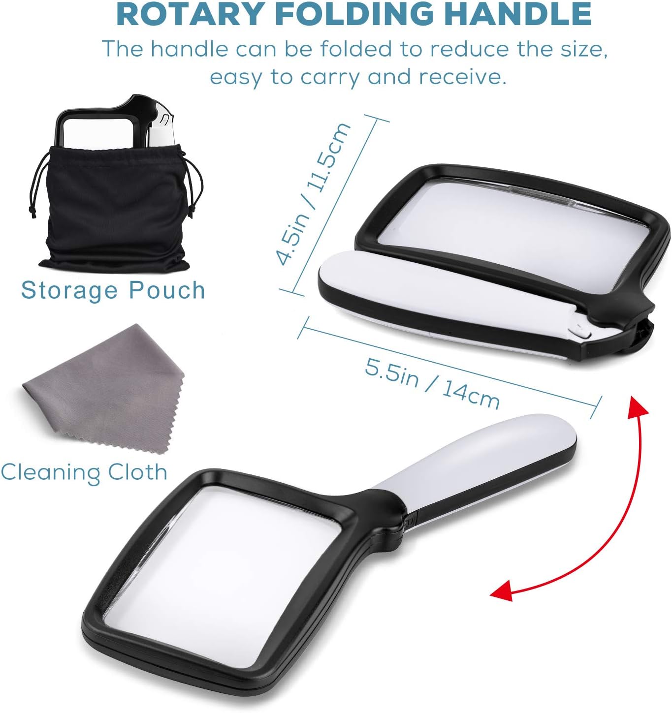 Folding Handheld Magnifying Glass with Light, 5X Large Rectangle Reading Magnifier with Dimmable LED for Seniors with Macular Degeneration, Newspaper
