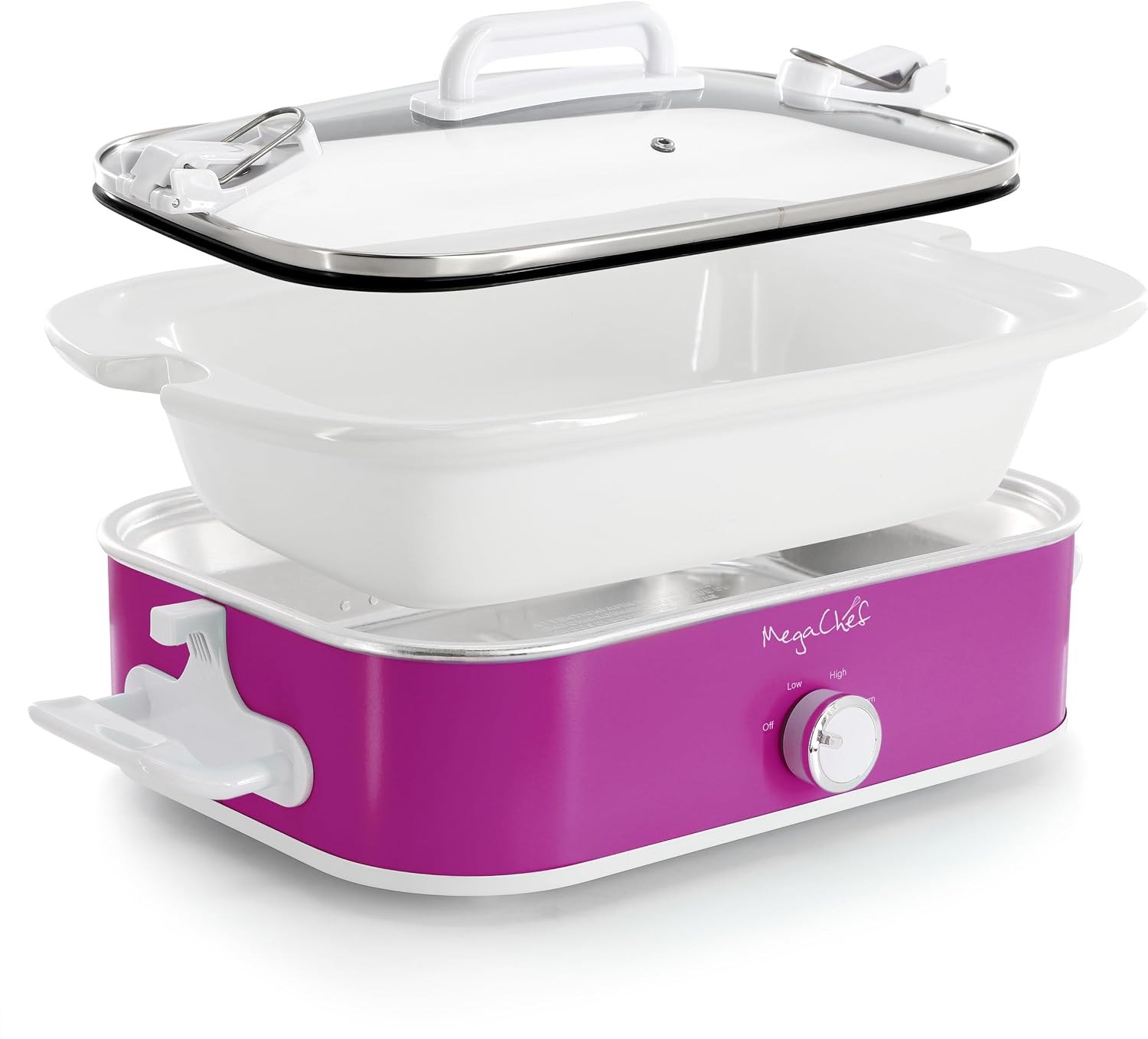 MegaChef 3.5 Quart Rectangle Casserole Slow Cooker with 3 Temperature Settings, Carry Handles and Locking Tempered Glass Lid (Cream)