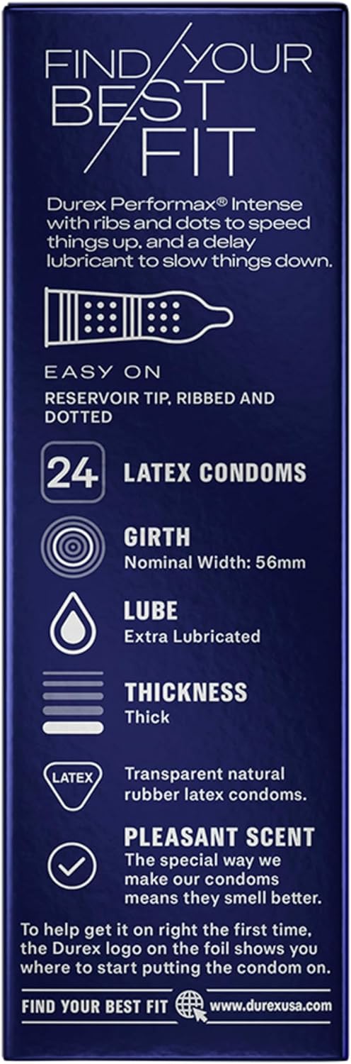 Condoms, Ultra Fine, Ribbed, Dotted with Delay Lubricant, Durex Performax Intense Natural Rubber Latex Condoms, 12 Count, Contains Desensitizing Lube for Men