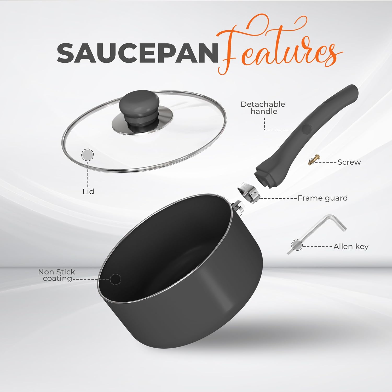 Utopia Kitchen Saucepan 2 QT Detachable Handle with Lid Grey Black | Glass Lid, Multipurpose Use, Home Kitchen and Restaurant, Nonstick Coating, Durable