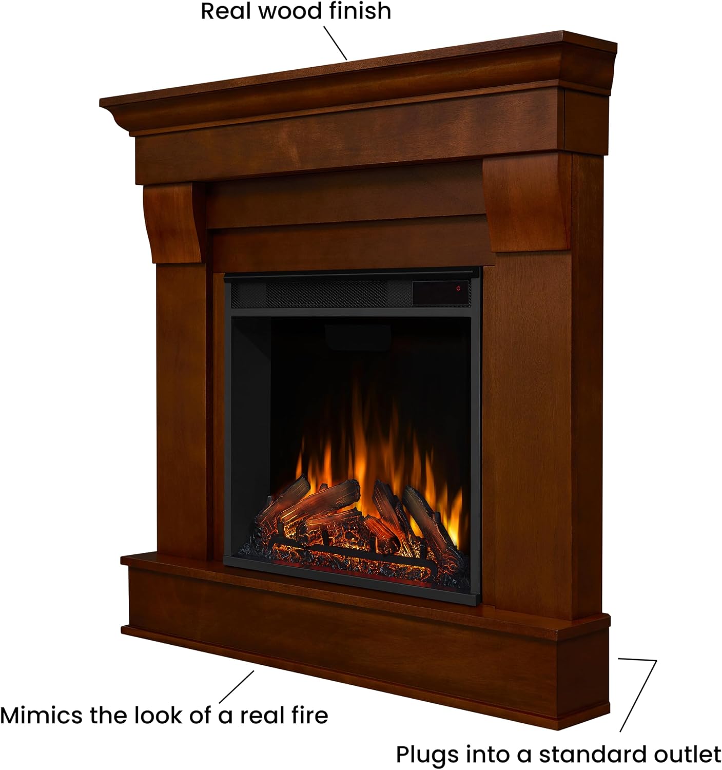 Real Flame Chateau 41" Corner Electric Fireplace with Mantel for Living Room or Bedroom, Replaceable Fireplace Insert Heater, Realistic Log and Flame Effect, Remote Control, Timer.