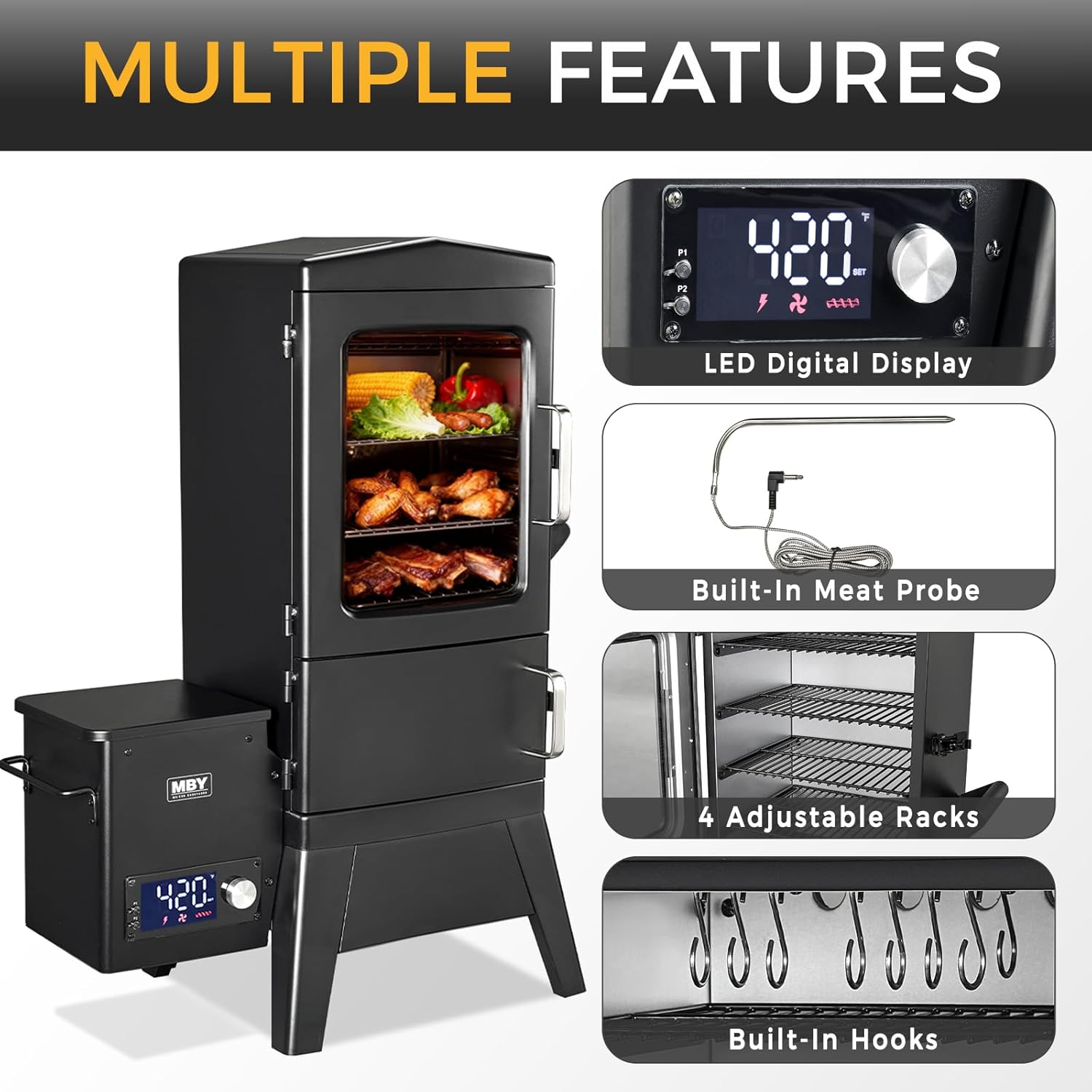 Pellet Smoker with Cover, Electric Wood Pellet Smoker Grill With Meat Probe and Hook, 616 Sq in Cooking Area LED Display Temperature Control
