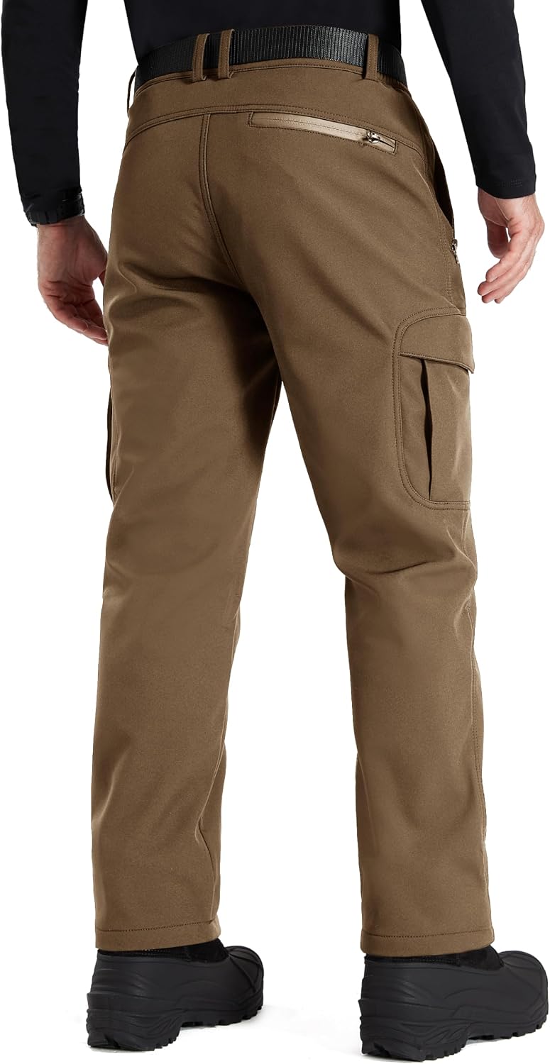 FREE SOLDIER Men's Outdoor Softshell Fleece Lined Cargo Pants | Snow Ski Hiking Pants with Belt, Waterproof Winter Pants, Insulated Work Pants, Breathable Windproof Insulated Pants