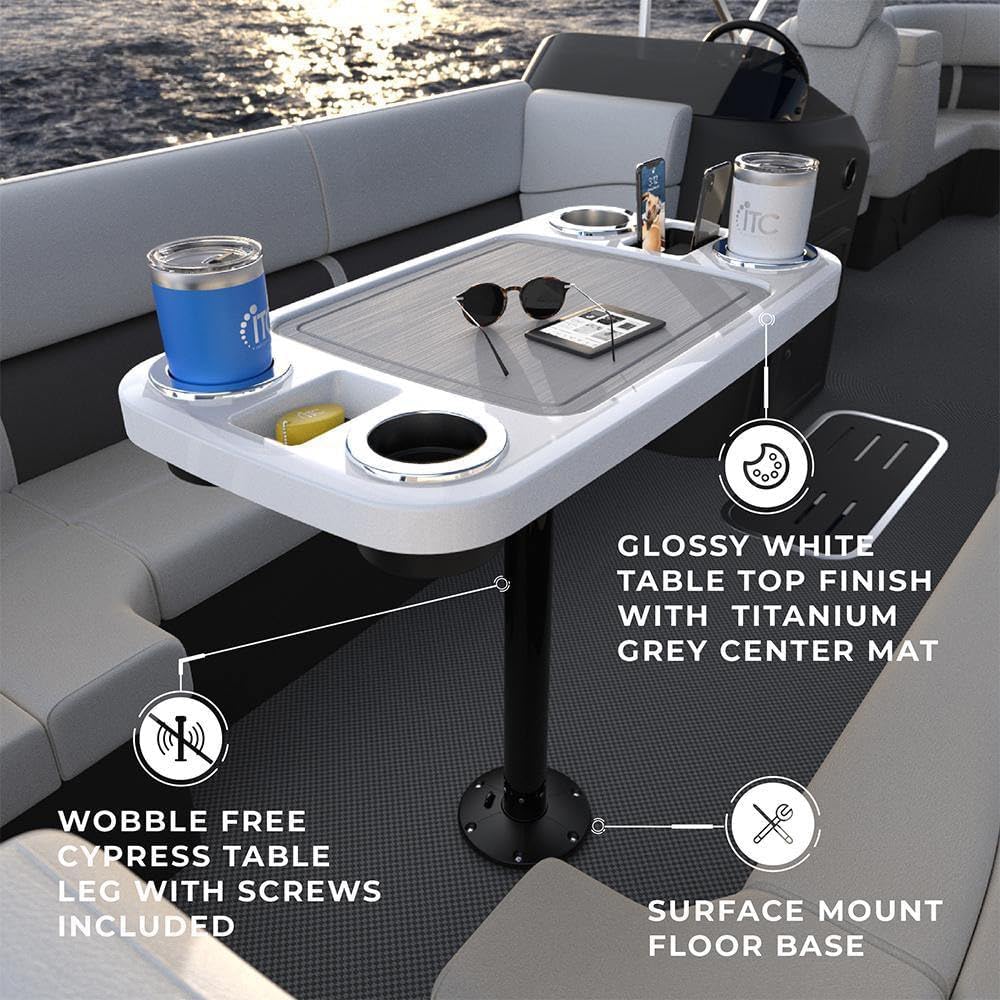 Manufacturers' Select ITC Boat Table Set - 18"x34" Removable Pontoon Boat Table with Center Non-Slip Mat, Pedestal Leg, 4 Drink Holders