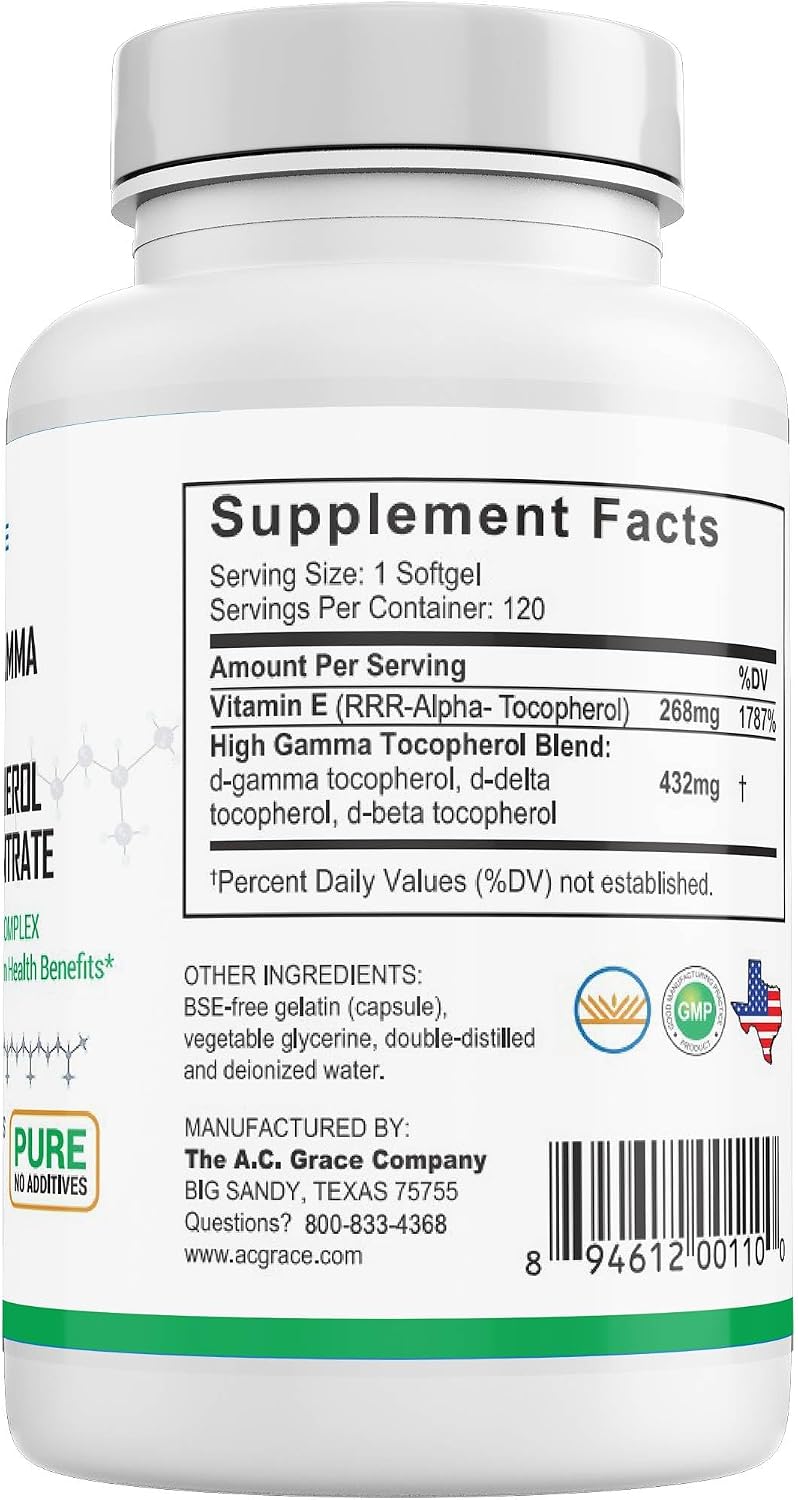 UNIQUE E A.C. Grace Company Mixed Tocopherols 120 Soft Gels, Supports Healthy Brain Function, General Health, and Aging Support