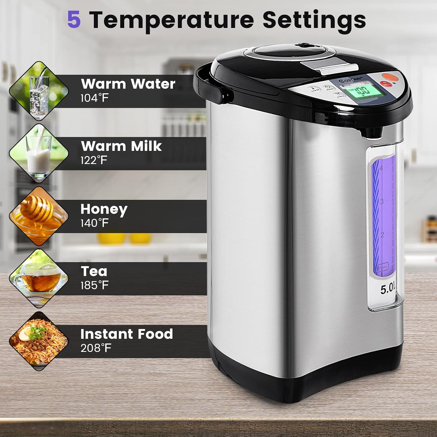 COSTWAY Instant Electric Hot Water Boiler and Warmer | 5-Liter LCD Water Pot with 5 Stage Temperature Settings, Safety Lock to Prevent Spillage