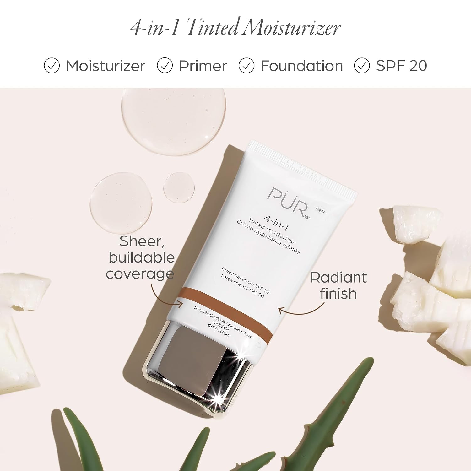 PÜR MINERALS 4-in-1 Tinted Moisturizer With SPF 20 - Hydrating Face Moisturizer, Primer, & Foundation With Shea Butter