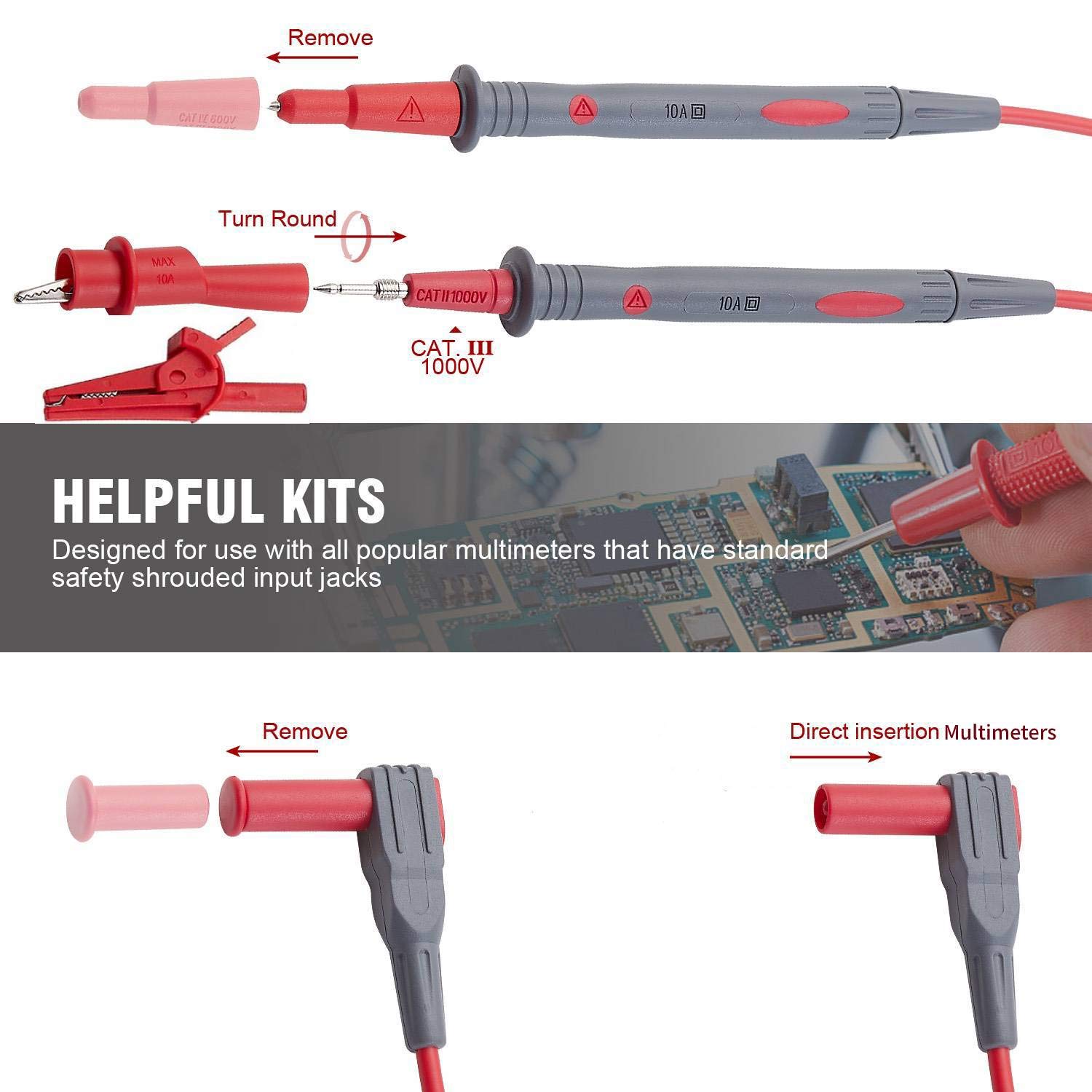 WG-011 Soft Silicone Test Lead and Safety Alligator Clips, Multimeter Test Leads Kit CAT III 1000V & CAT IV 600V with Threaded Alligator Clip