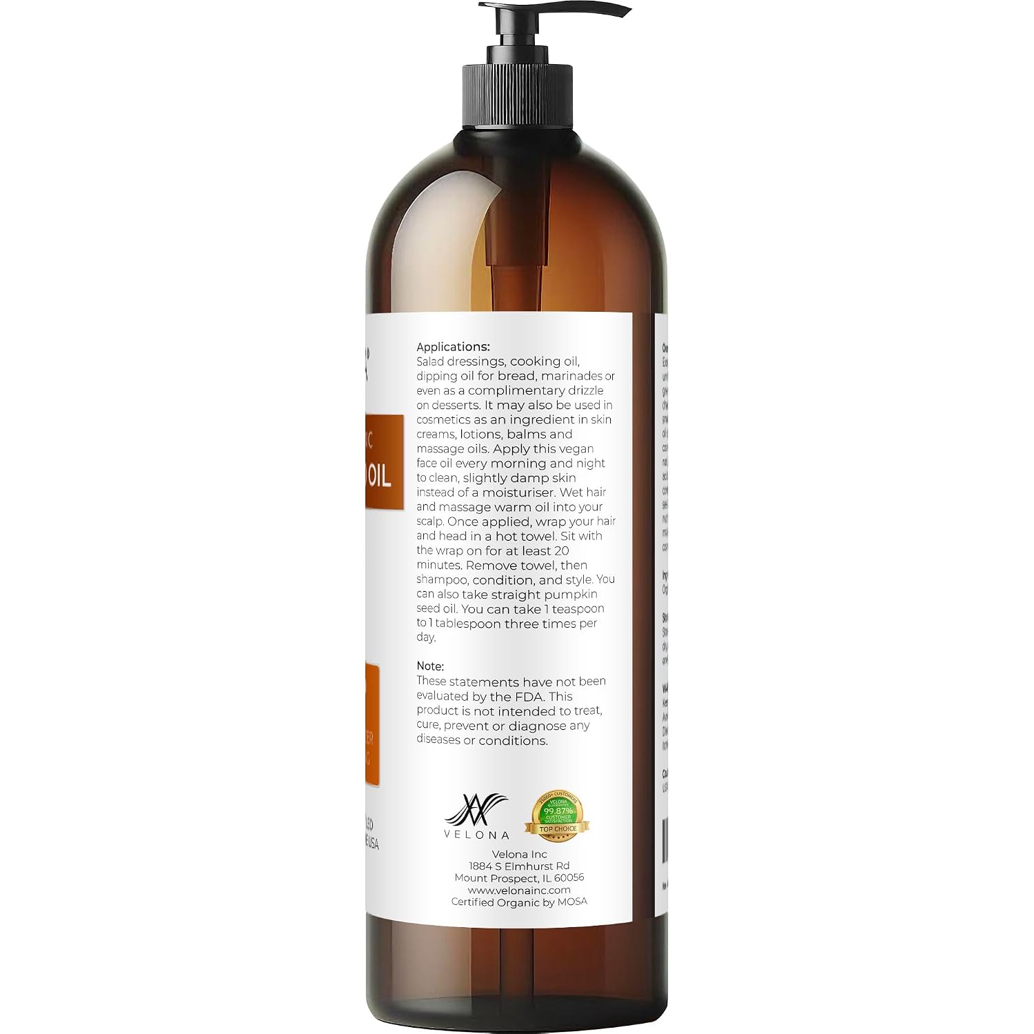 velona Pumpkin Seed Oil USDA Certified Organic - 32 fl oz | 100% Pure and Natural Carrier Oil | Unrefined, Cold Pressed | Cooking, Face, Hair