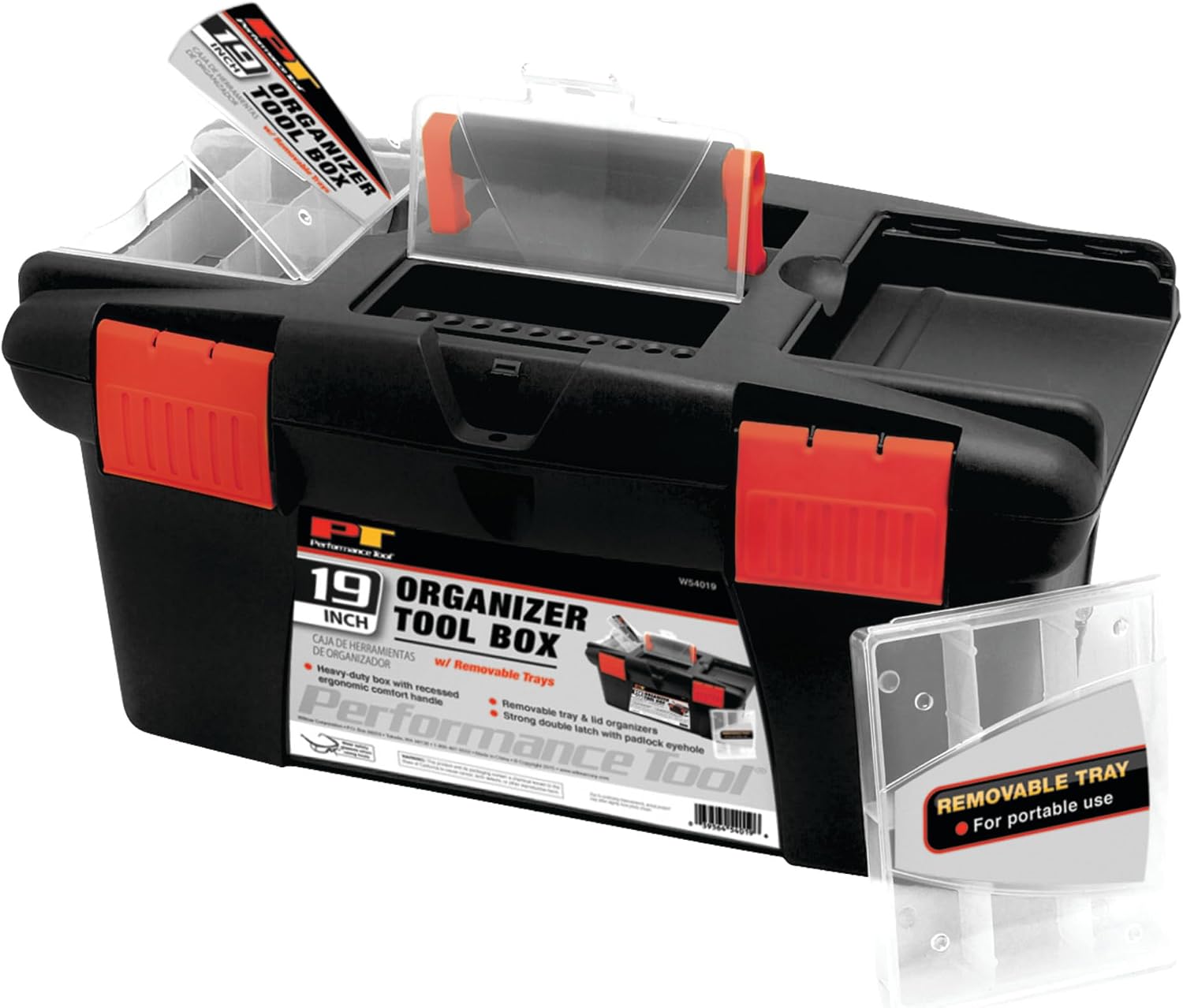 Performance Tool W54026 26 in. Steel Tool Box with Removable Tote | Heavy duty steel storage box and organizer. Recessed ergonomic comfort handle. Strong double latch with padlock eyehole